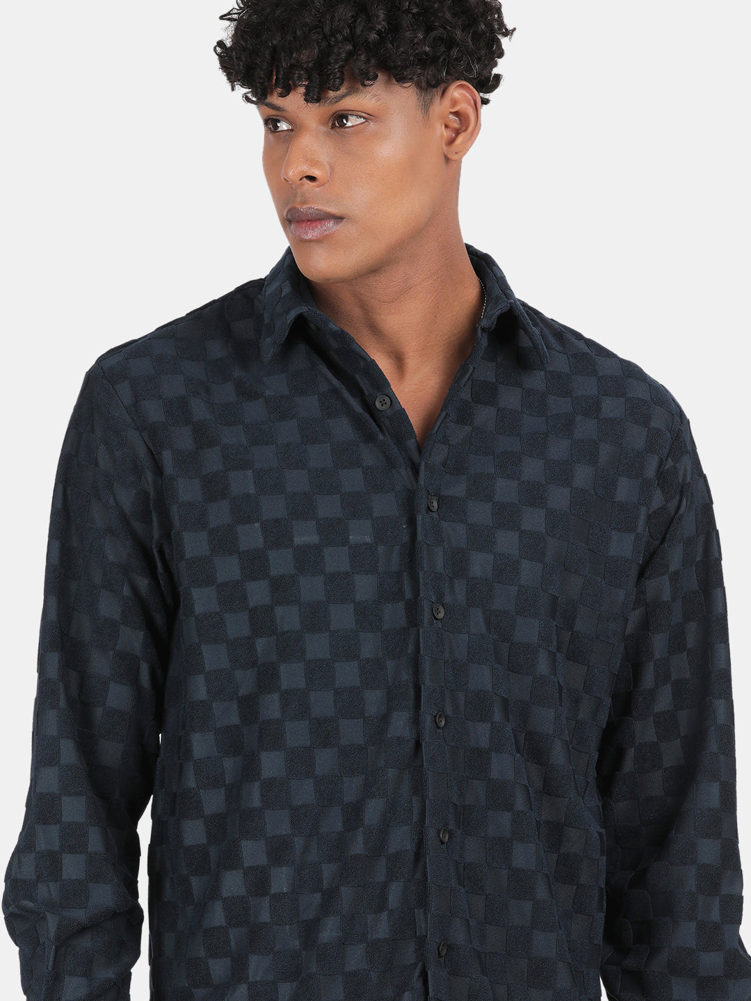 Men Navy Slim Fit Spread Collar Full Sleeve Casual Shirt