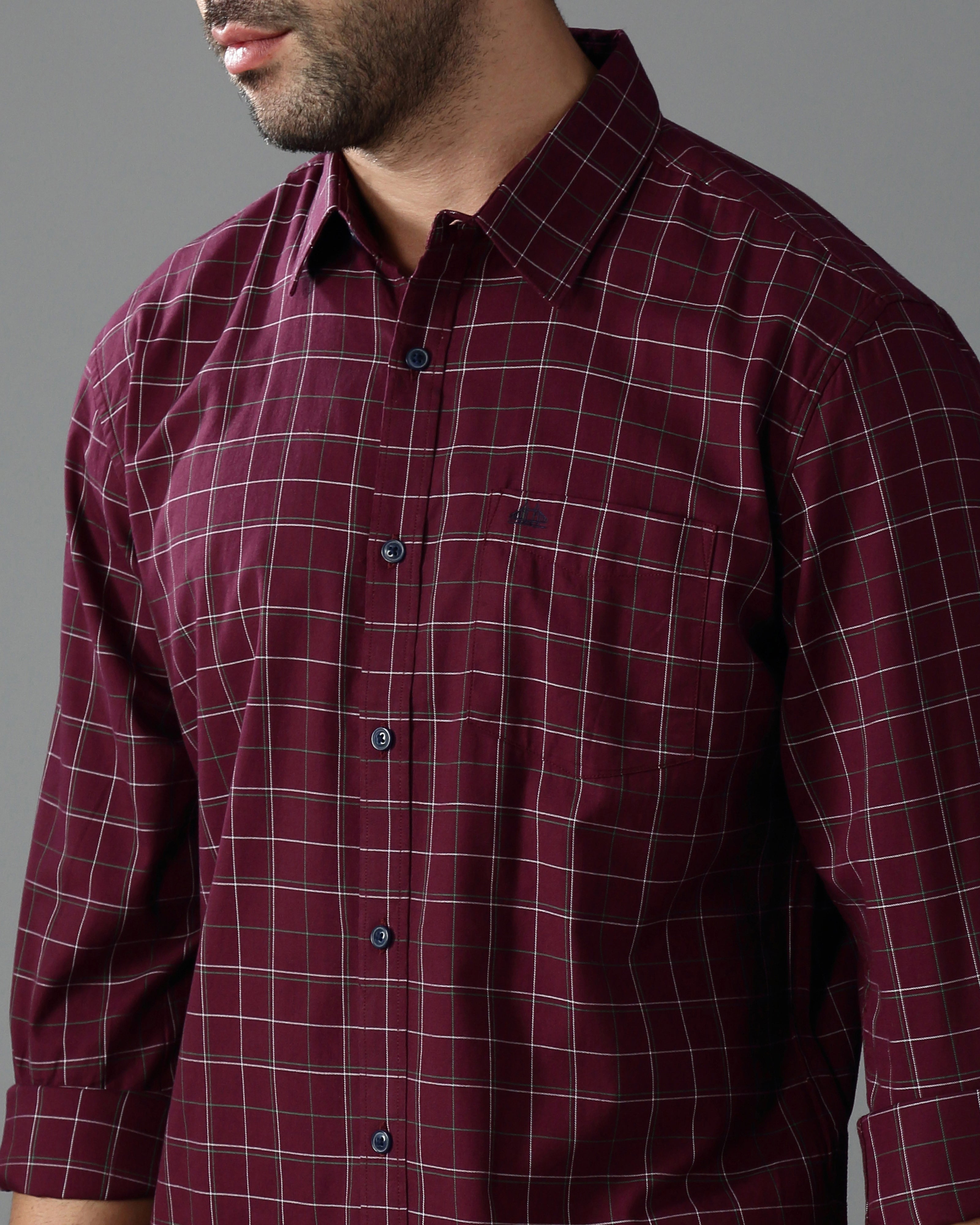 Men Burgundy Twill Checked Shirt