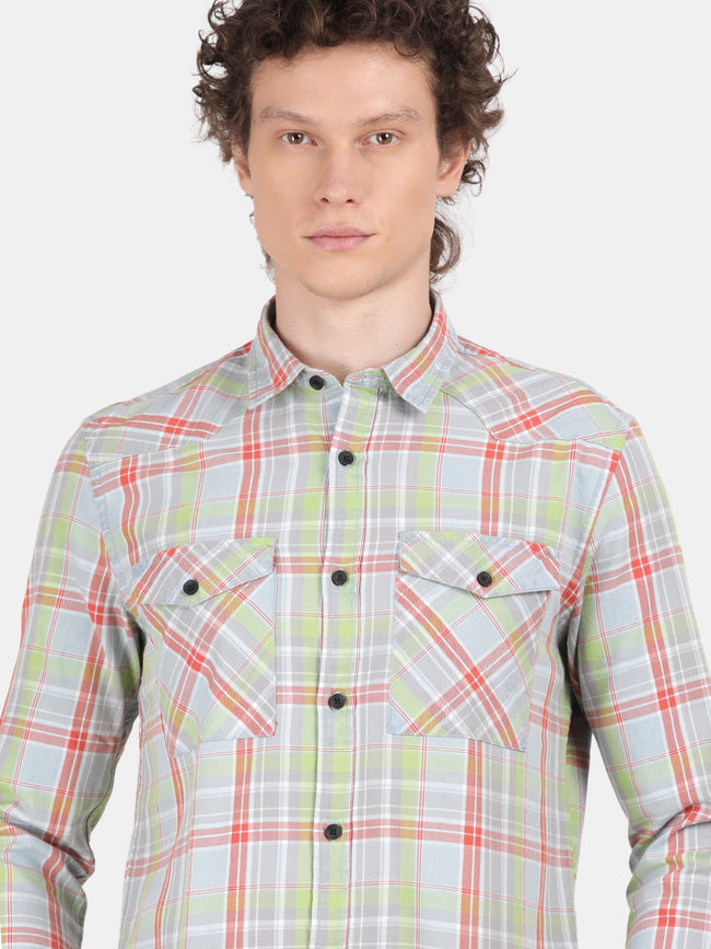 Men Grey Slim Fit Spread Collar Full Sleeve Casual Shirt
