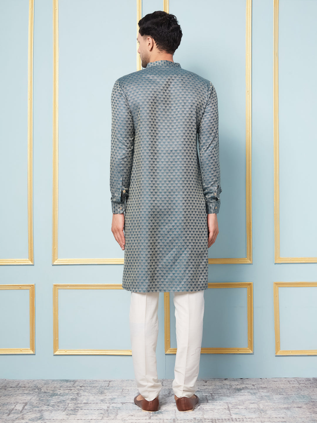Men Green Woven Design Thread Work Kurta