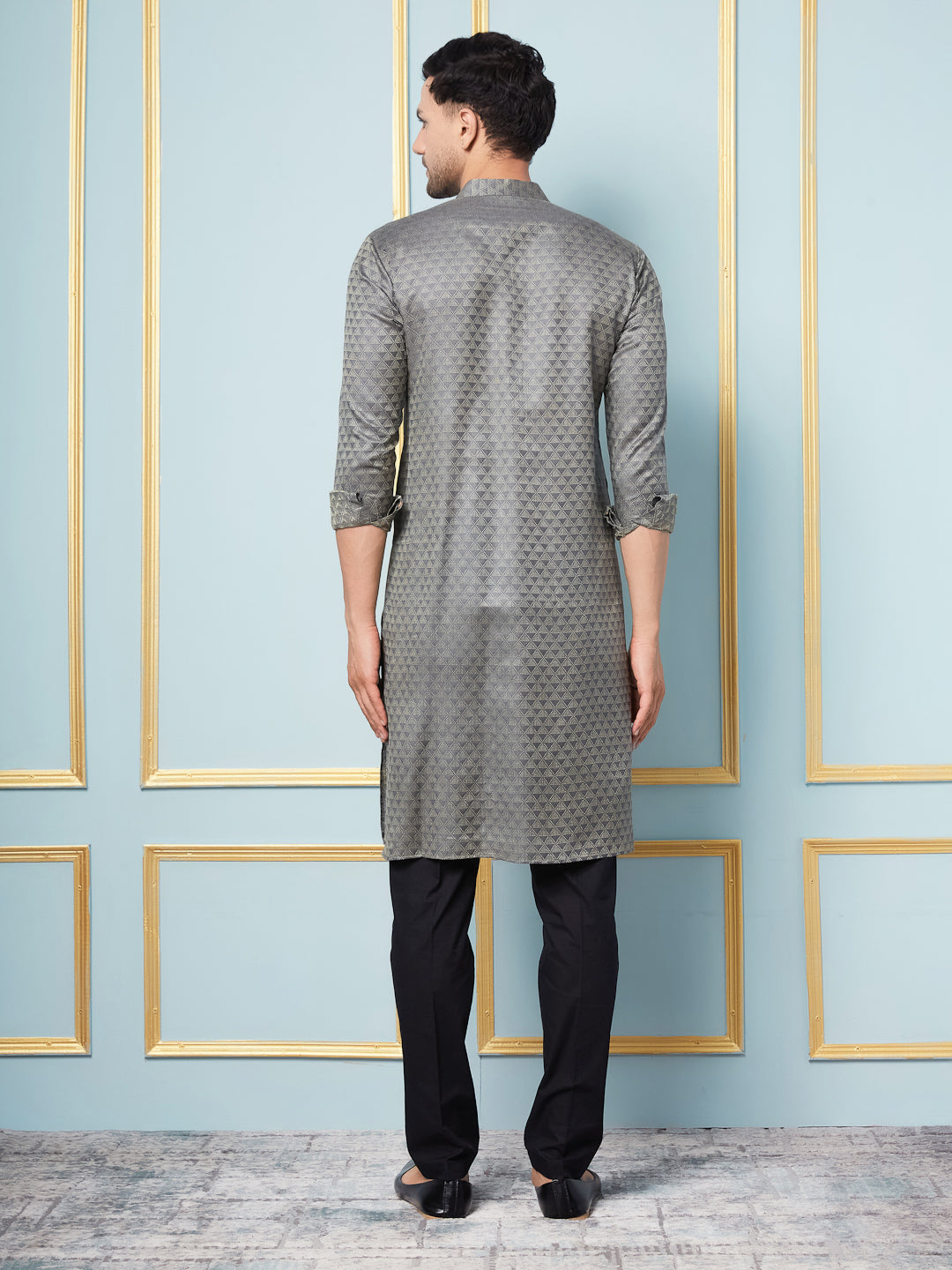 Men Charcoal Woven Design Thread Work Kurta