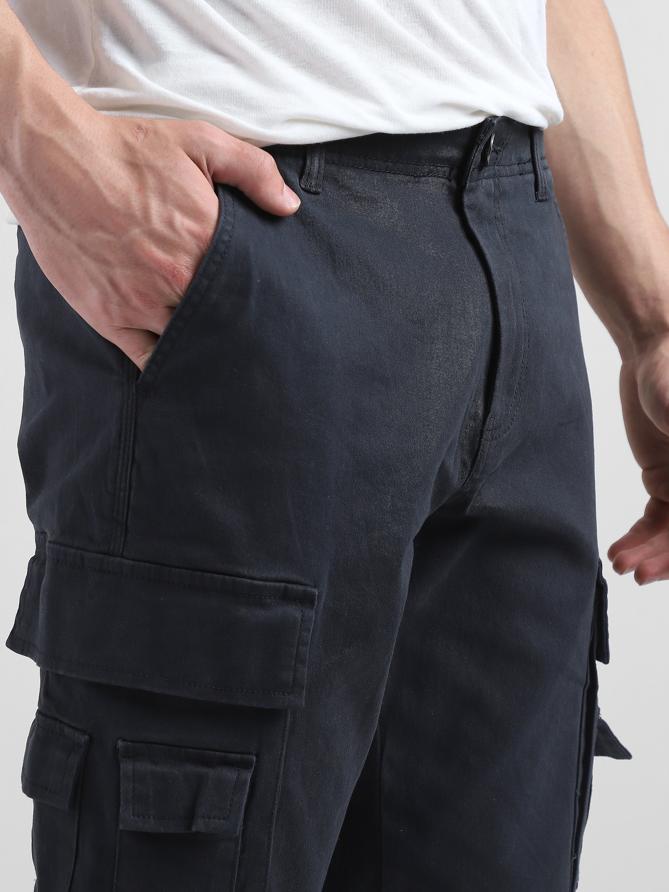 Men Navy Cotton Blend Cargo Pants with 12 pockets