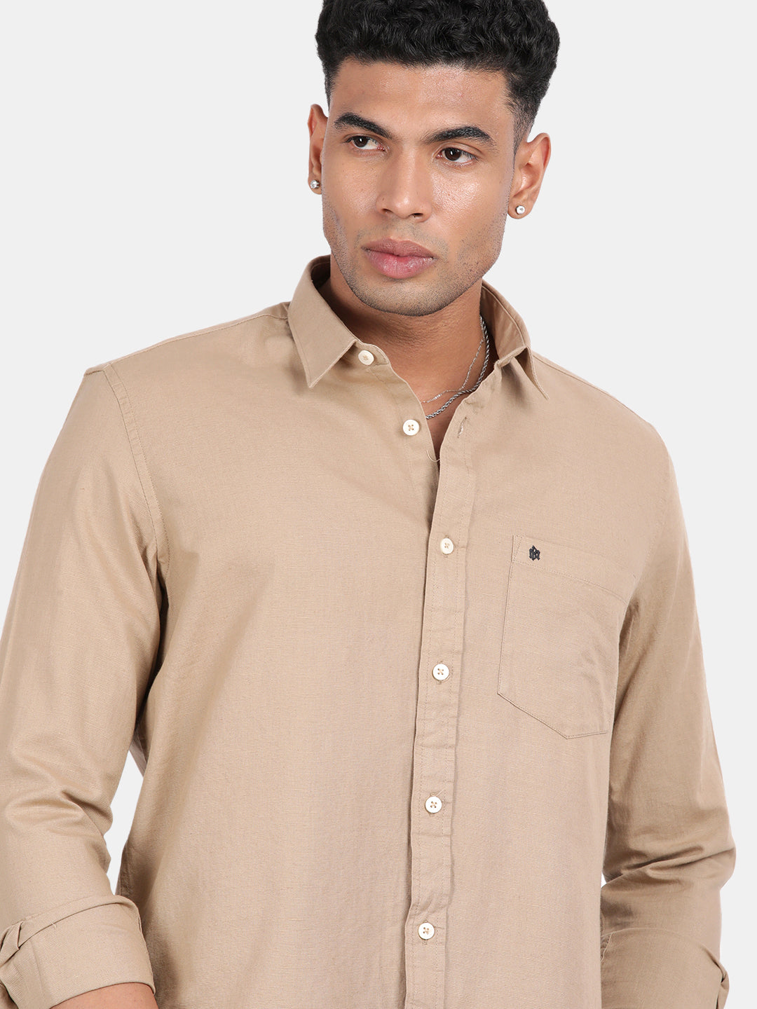 Men Khaki Slim Fit Spread Collar Full Sleeve Casual Shirt