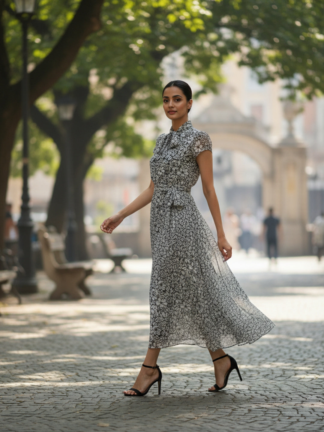 Women Floral Chiffon Flared Midi Dress