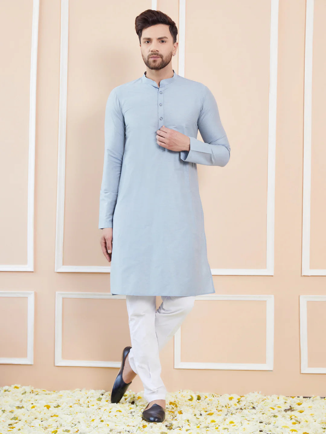 Men Blue Cotton Solid Straight Kurta