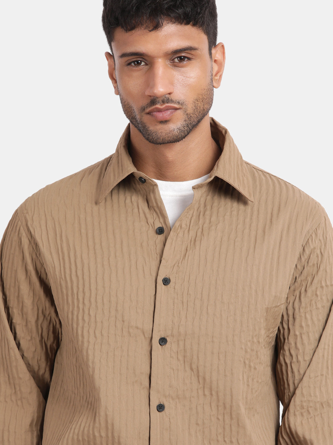 Men Brown Slim Fit Spread Collar Full Sleeve Casual Shirt