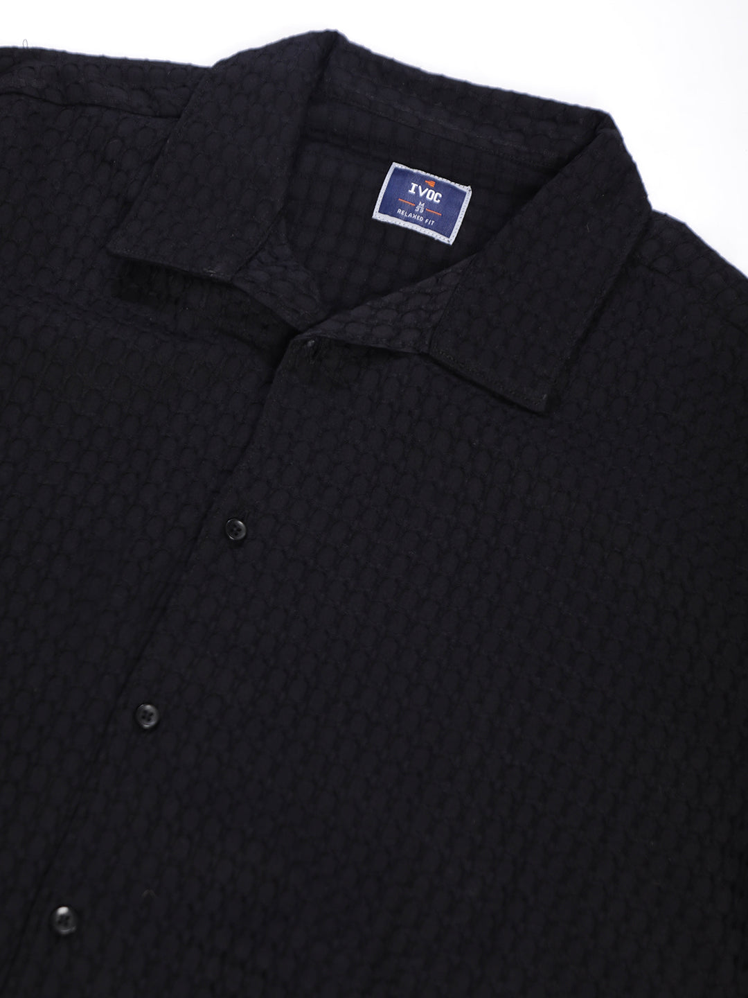 Men Black Textured Shirt with stylized Collar