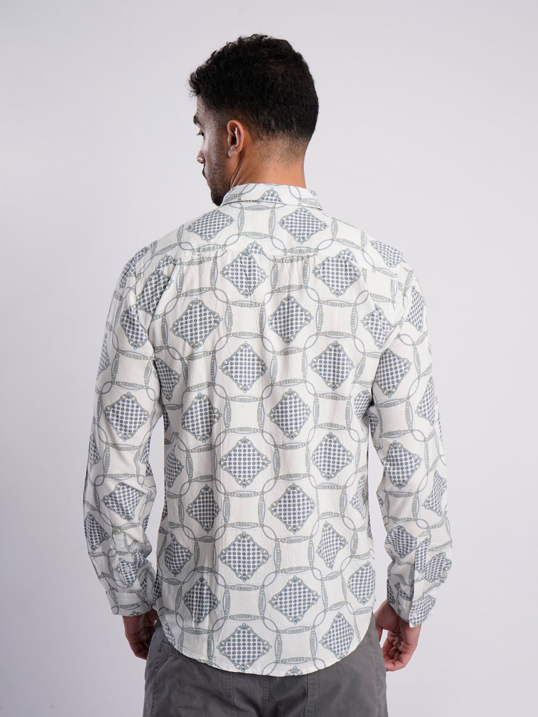Men White and Blue Abstract Printed Shirt