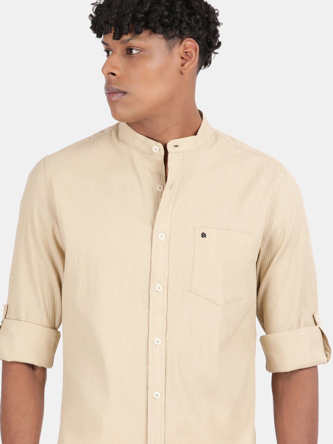 Men Cream Slim Fit Mandarin Collar Full Sleeve Casual Shirt