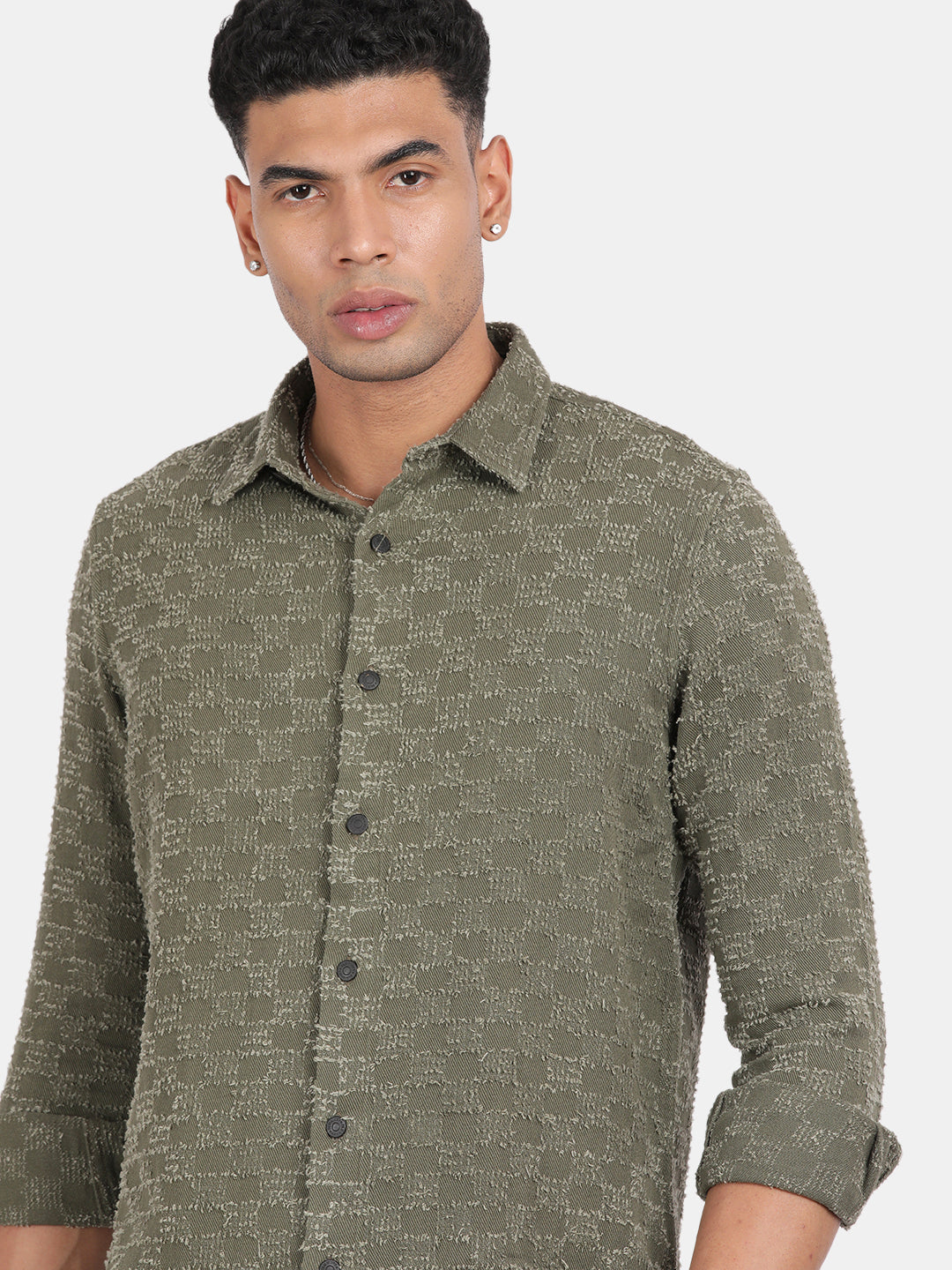 Men Green Slim Fit Spread Collar Full Sleeve Casual Shirt