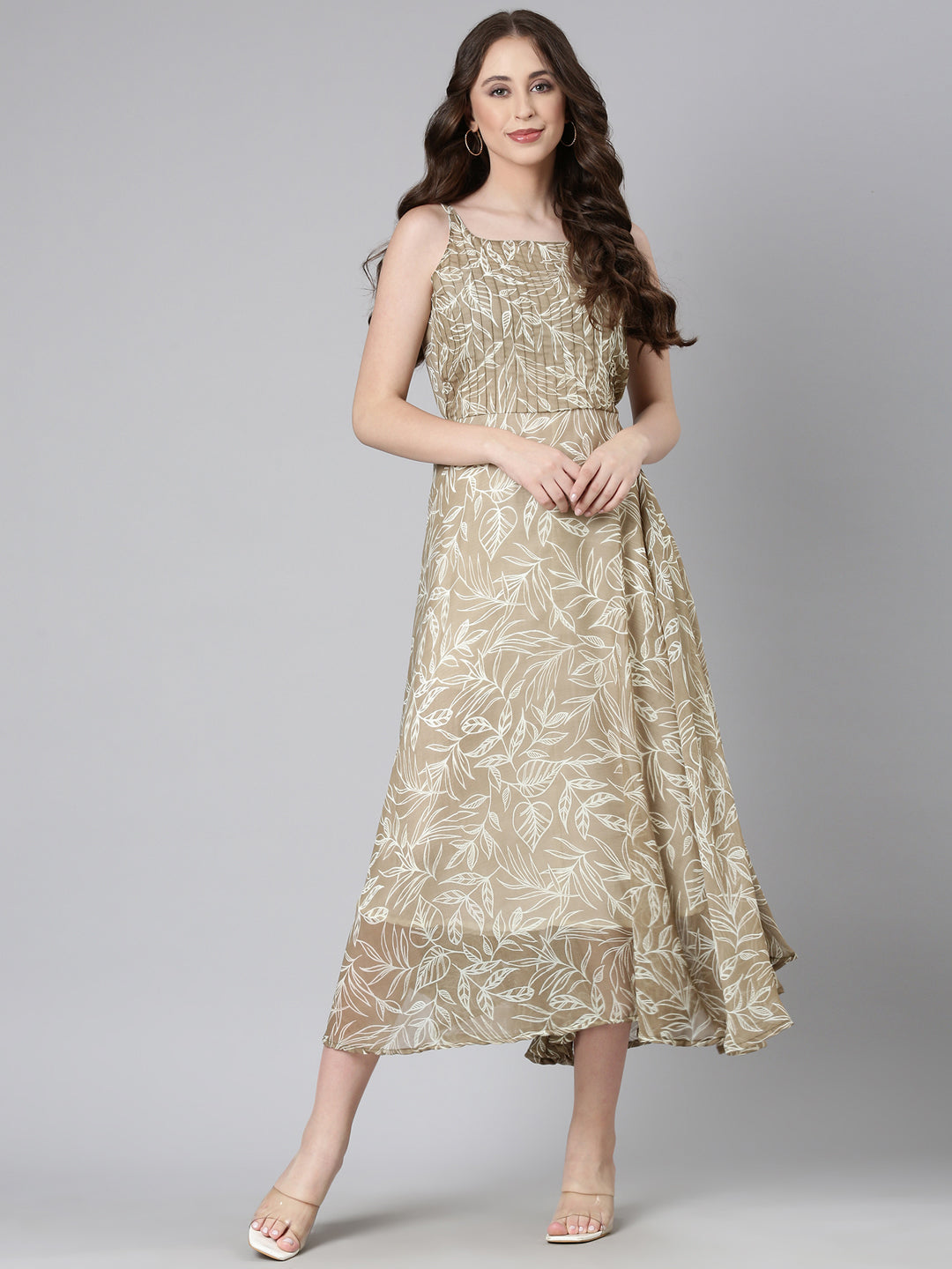 Women Beige Floral Chiffon Dress