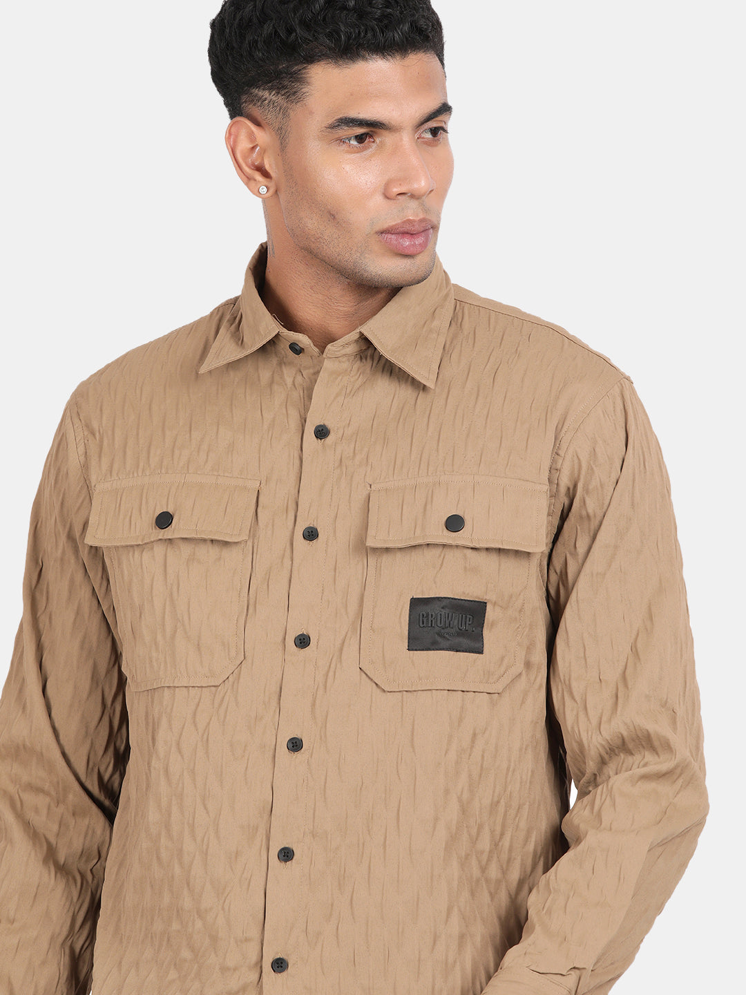 Men Brown Slim Fit Spread Collar Full Sleeve Casual Shirt