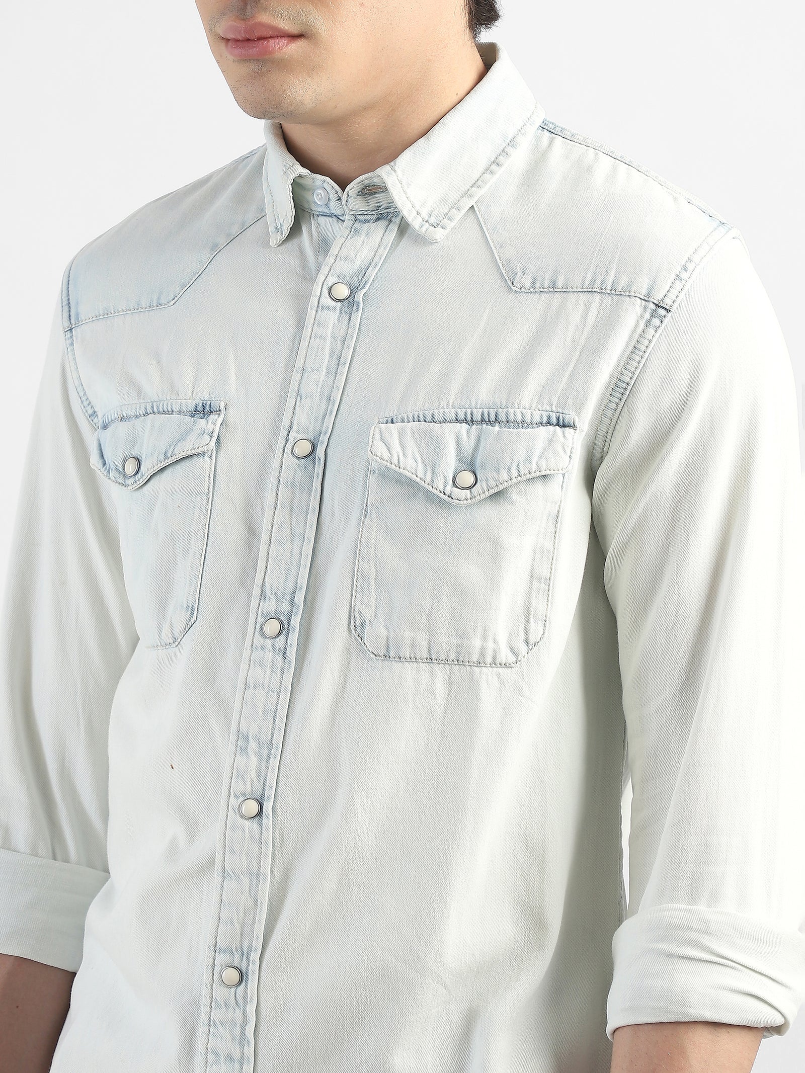 Men Denim Light Blue Shirt with Two Pockets