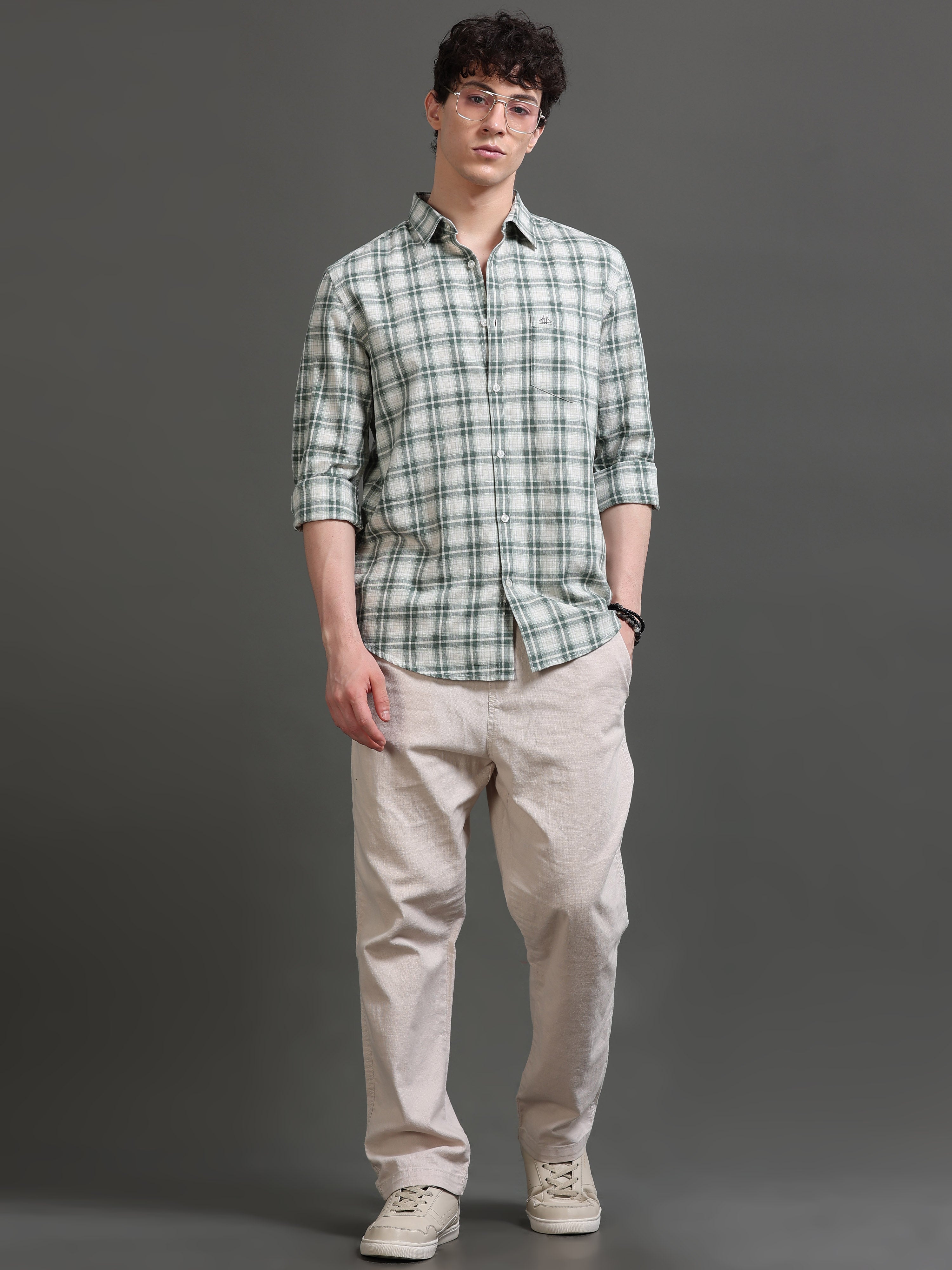 Men Green Checked Shirt