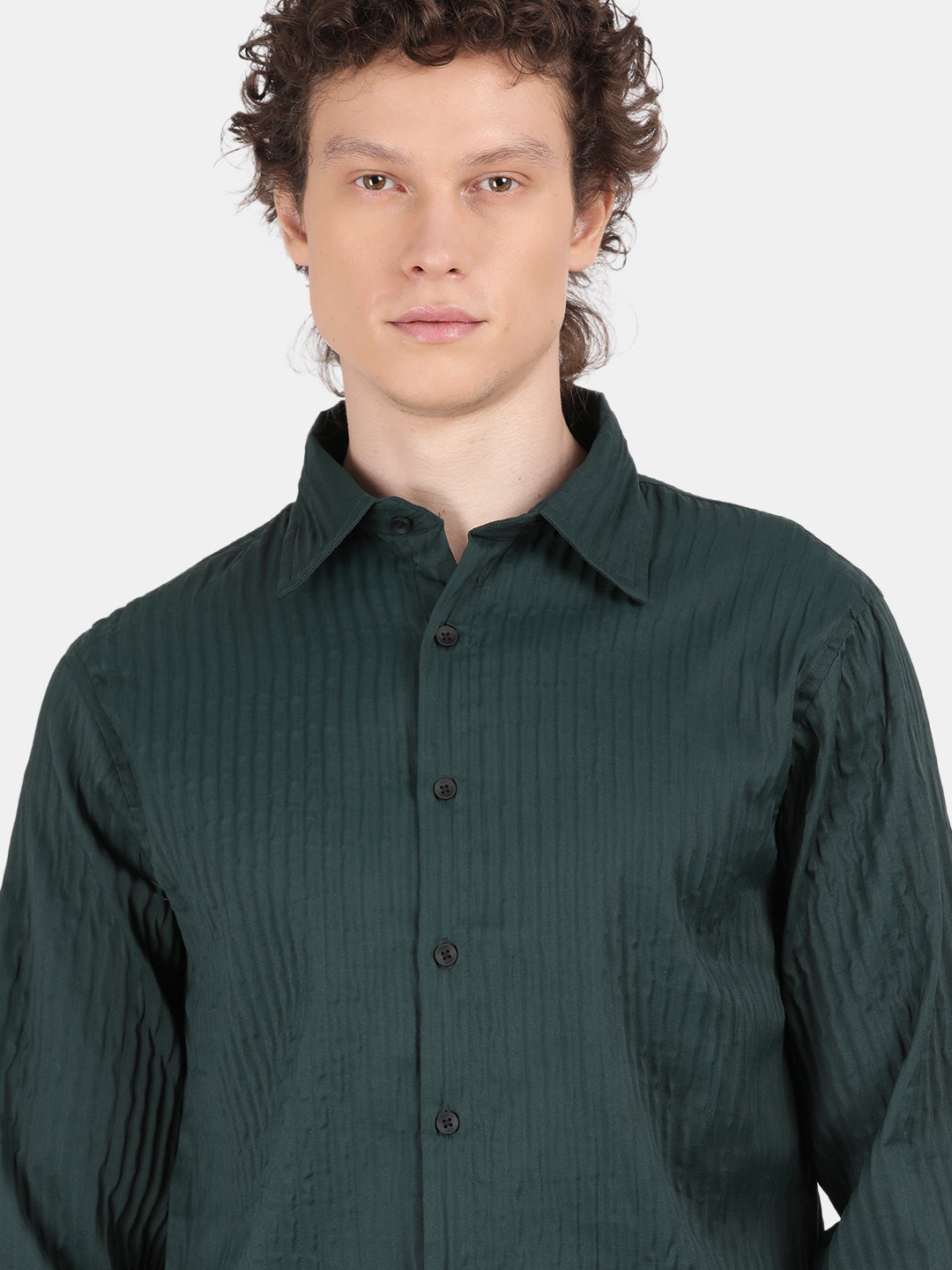 Men Dark Green Slim Fit Spread Collar Full Sleeve Casual Shirt
