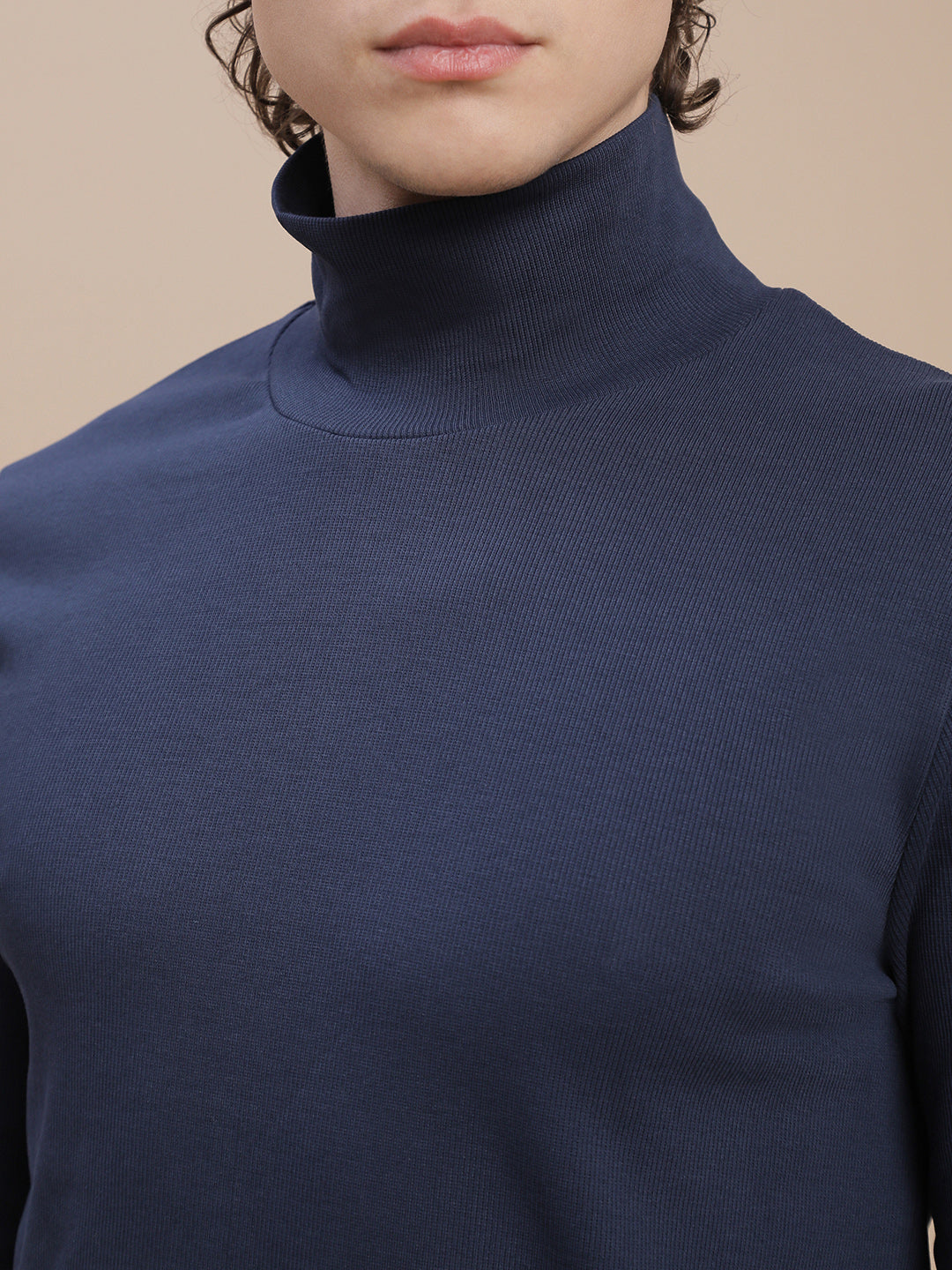 Men Navy Turtle Neck Long Sleeve Tees