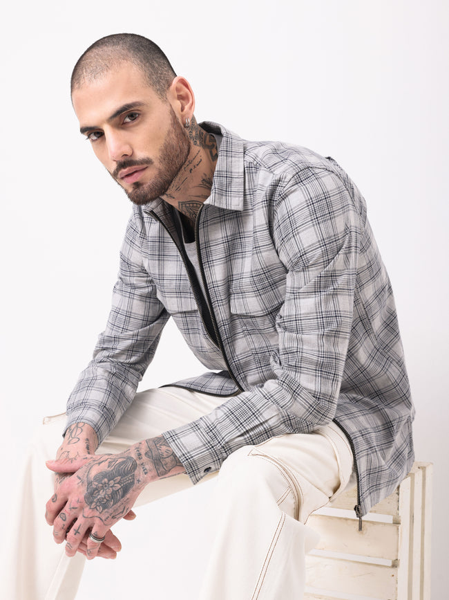 Men Grey Checked Shacket