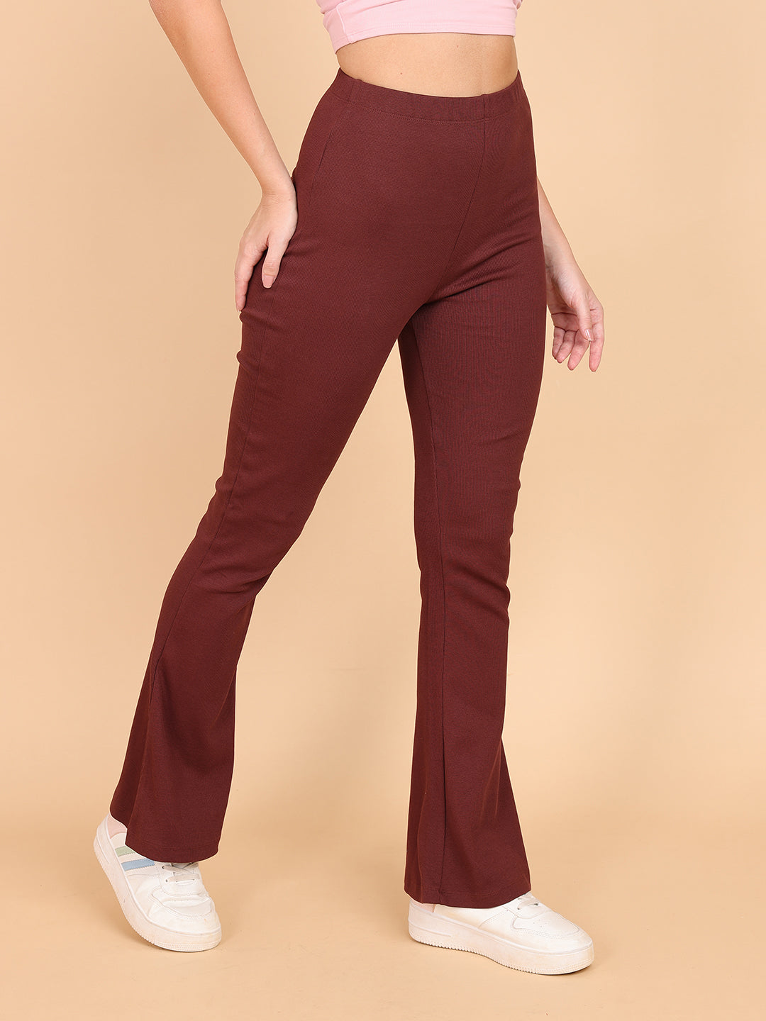 Women Brown Fit And Flare Rib Pant