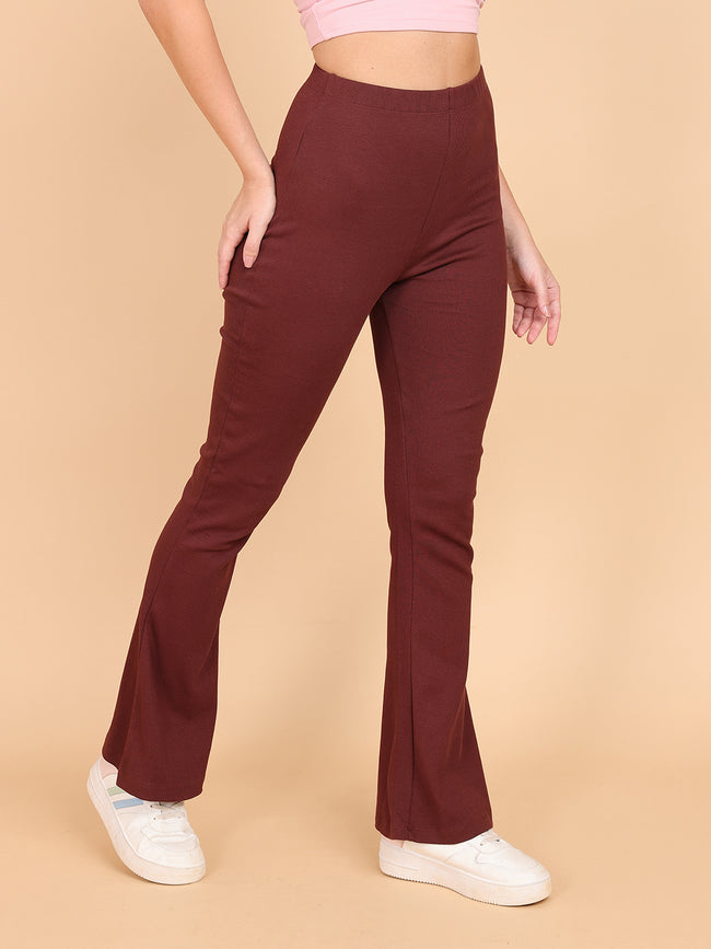 Women Brown Fit And Flare Rib Pant