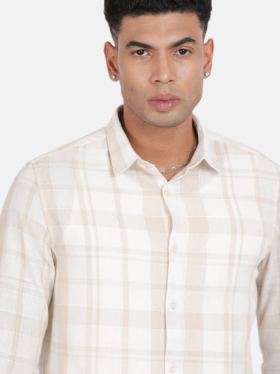 Men Light cream Slim Fit Spread Collar Full Sleeve Casual Shirt
