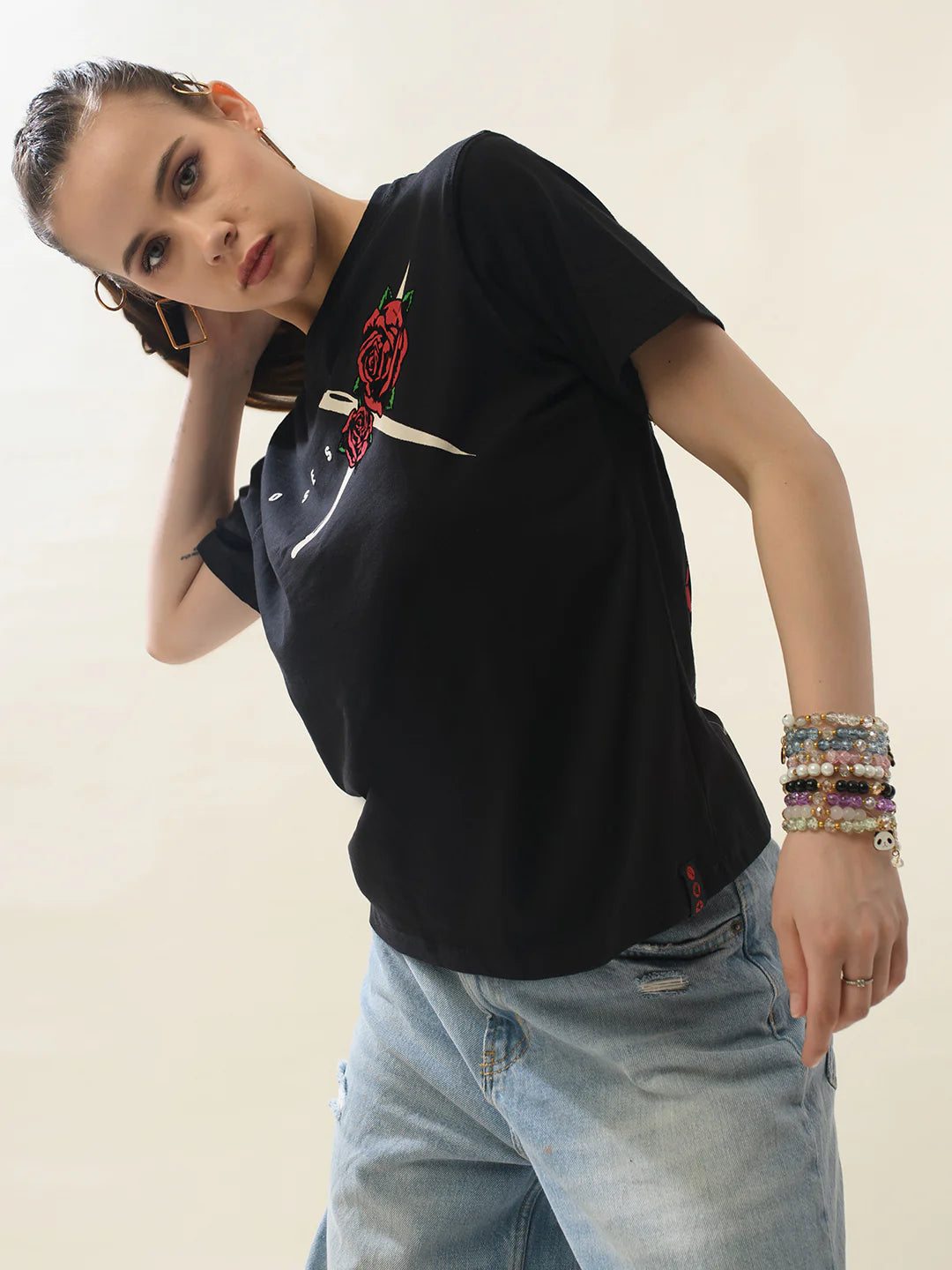 Women Black Cotton Relaxed T-Shirt
