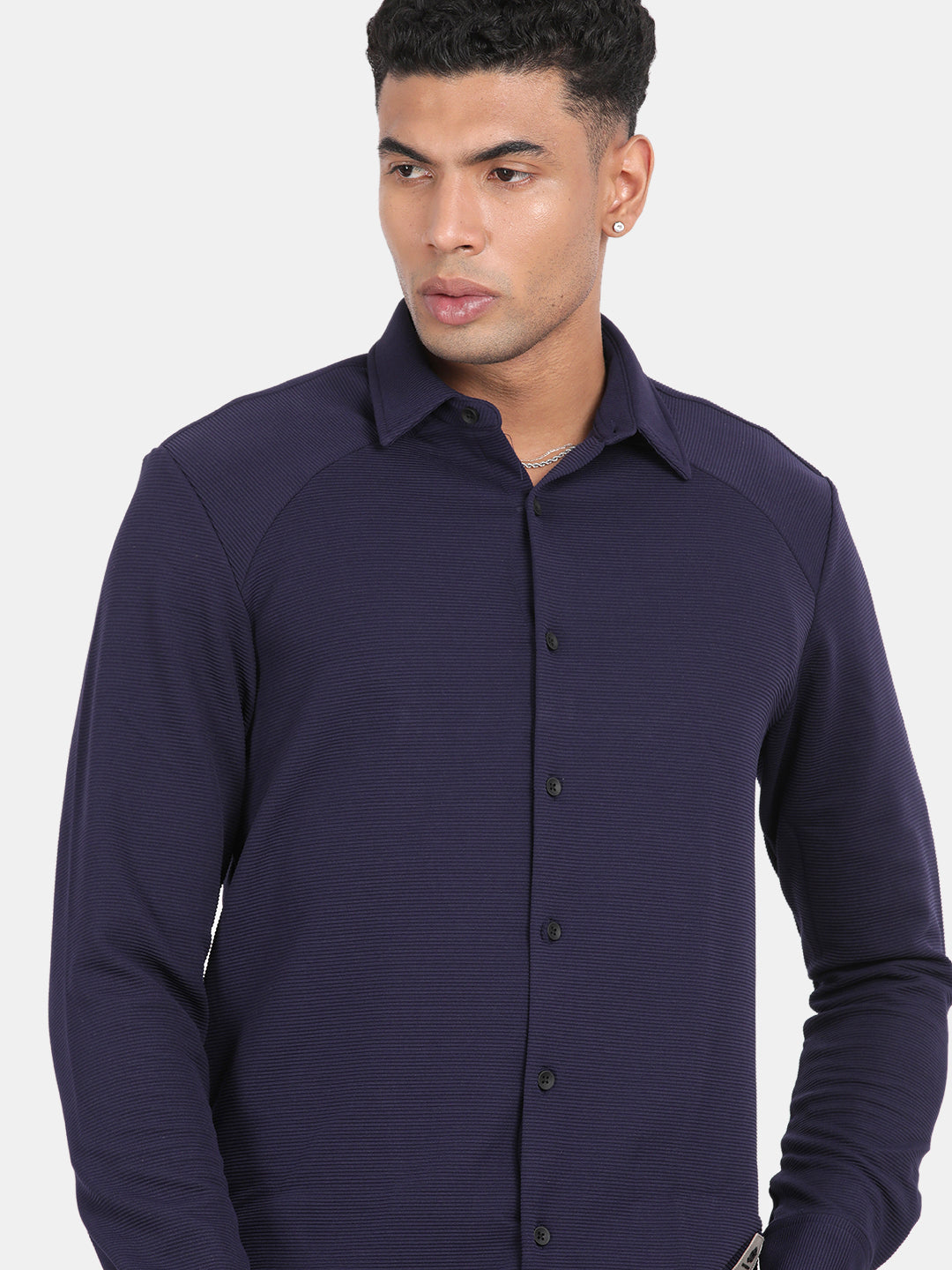 Men Navy Slim Fit Spread Collar Full Sleeve Casual Shirt