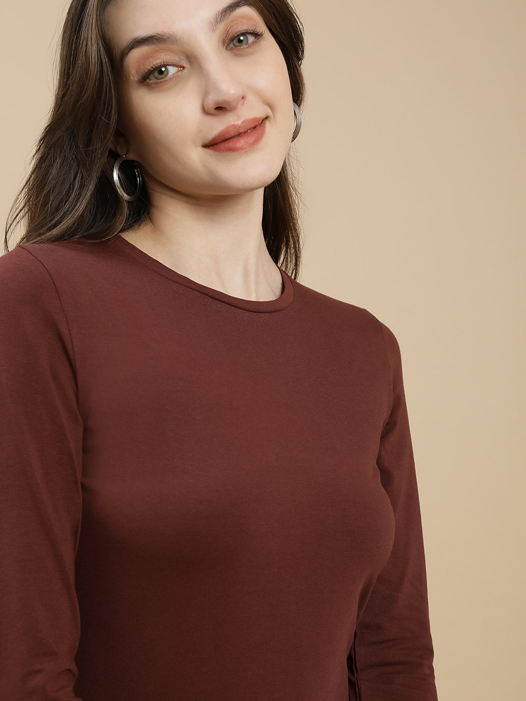 Women Brown Crew Neck Top