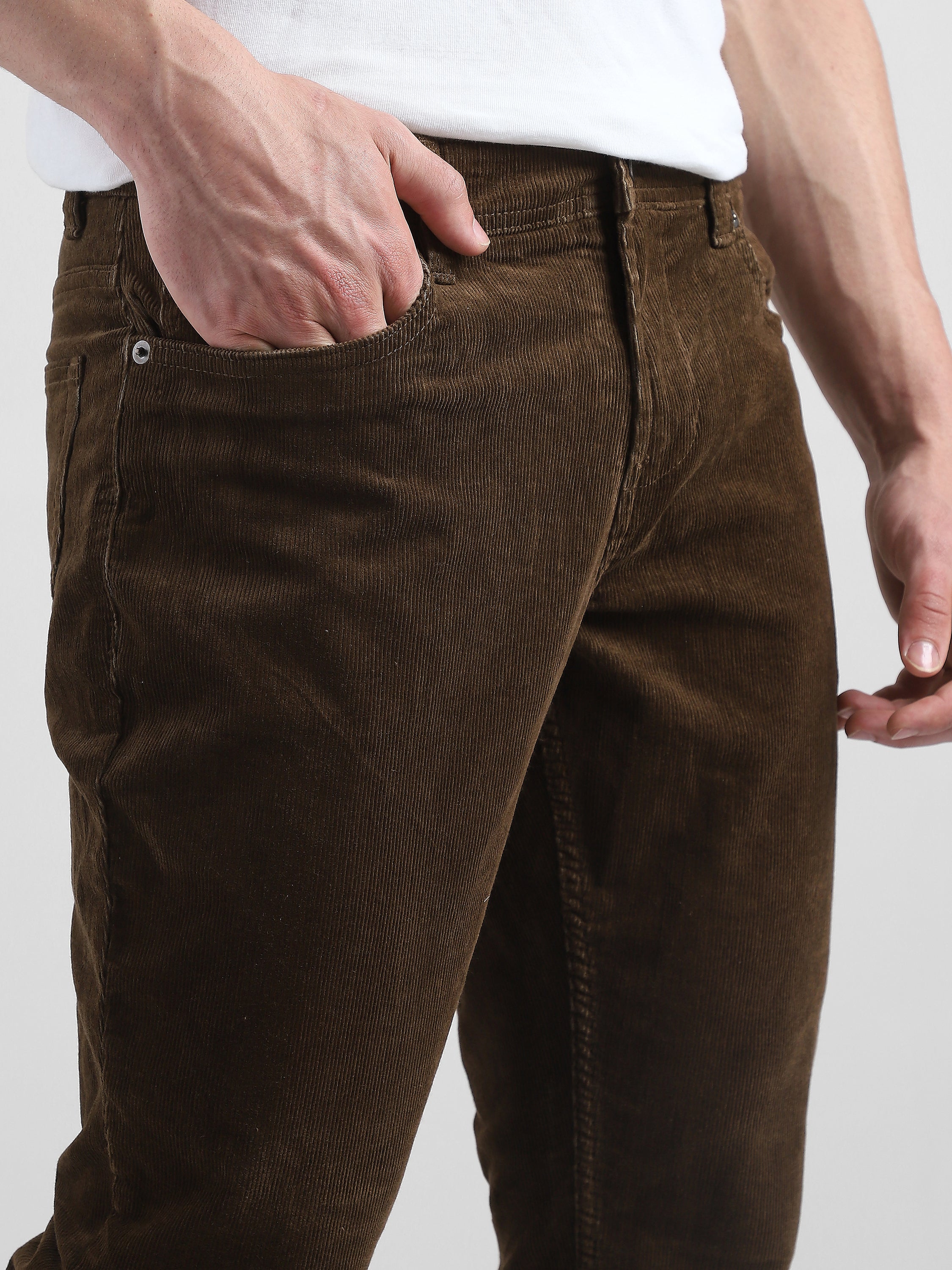 Men Brown Corduroy Straight Fit Trouser