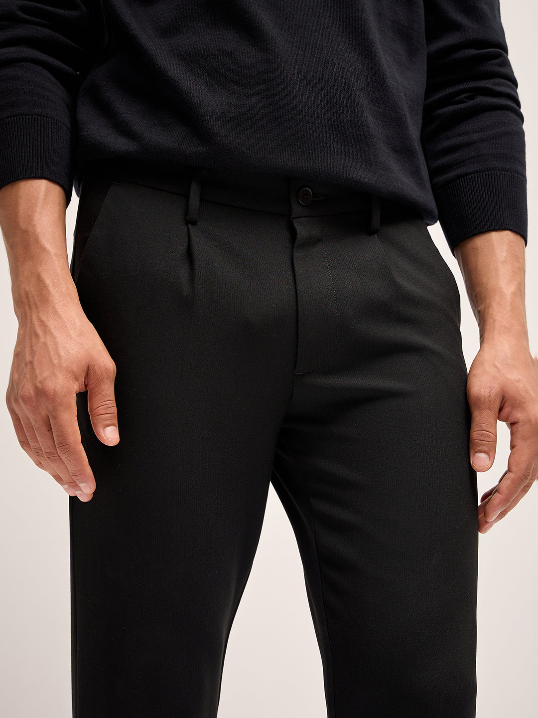 Men Black Solid 4 Way Stretch Formal Trouser