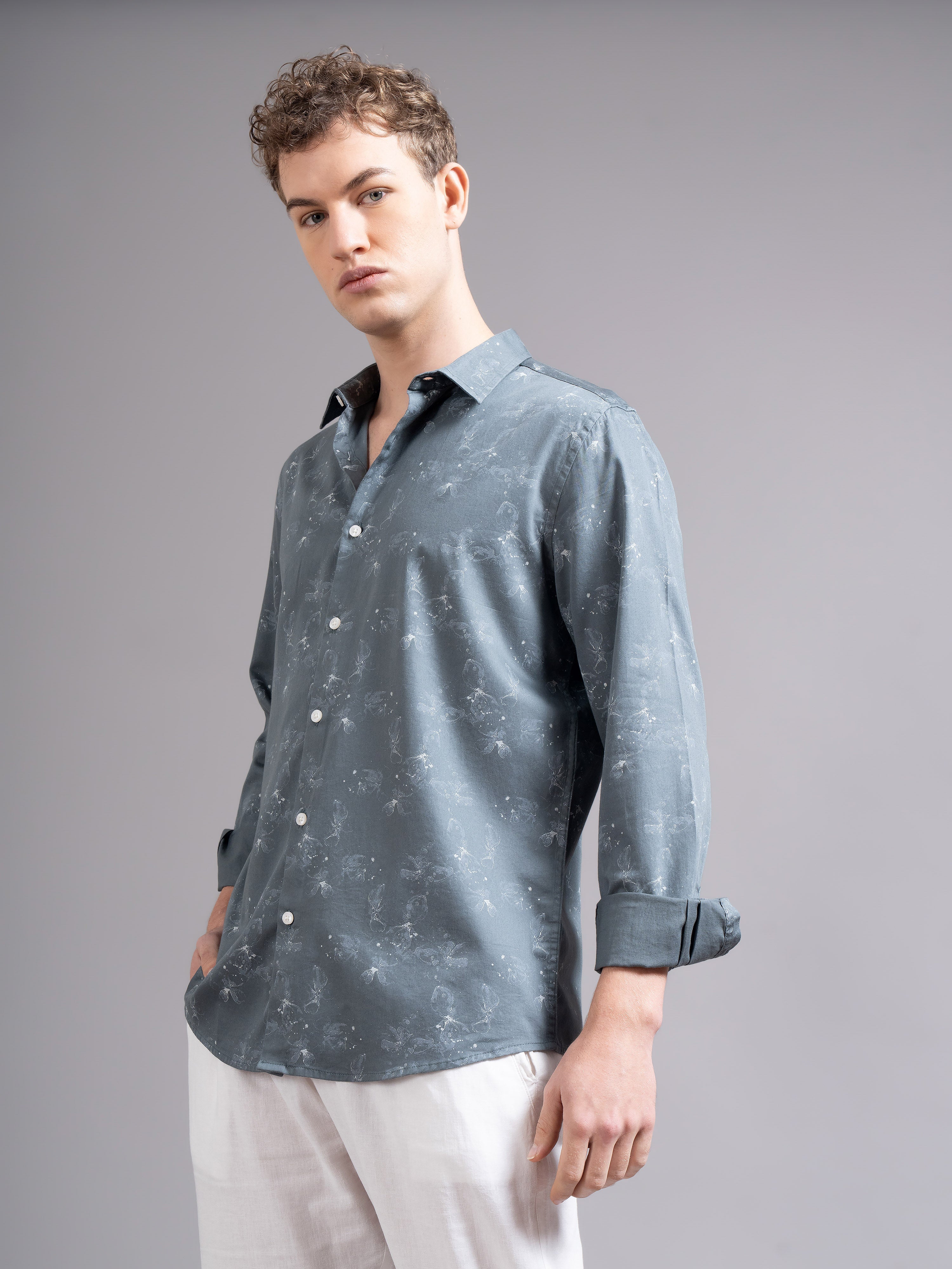 Men Grey Floral Print Shirt
