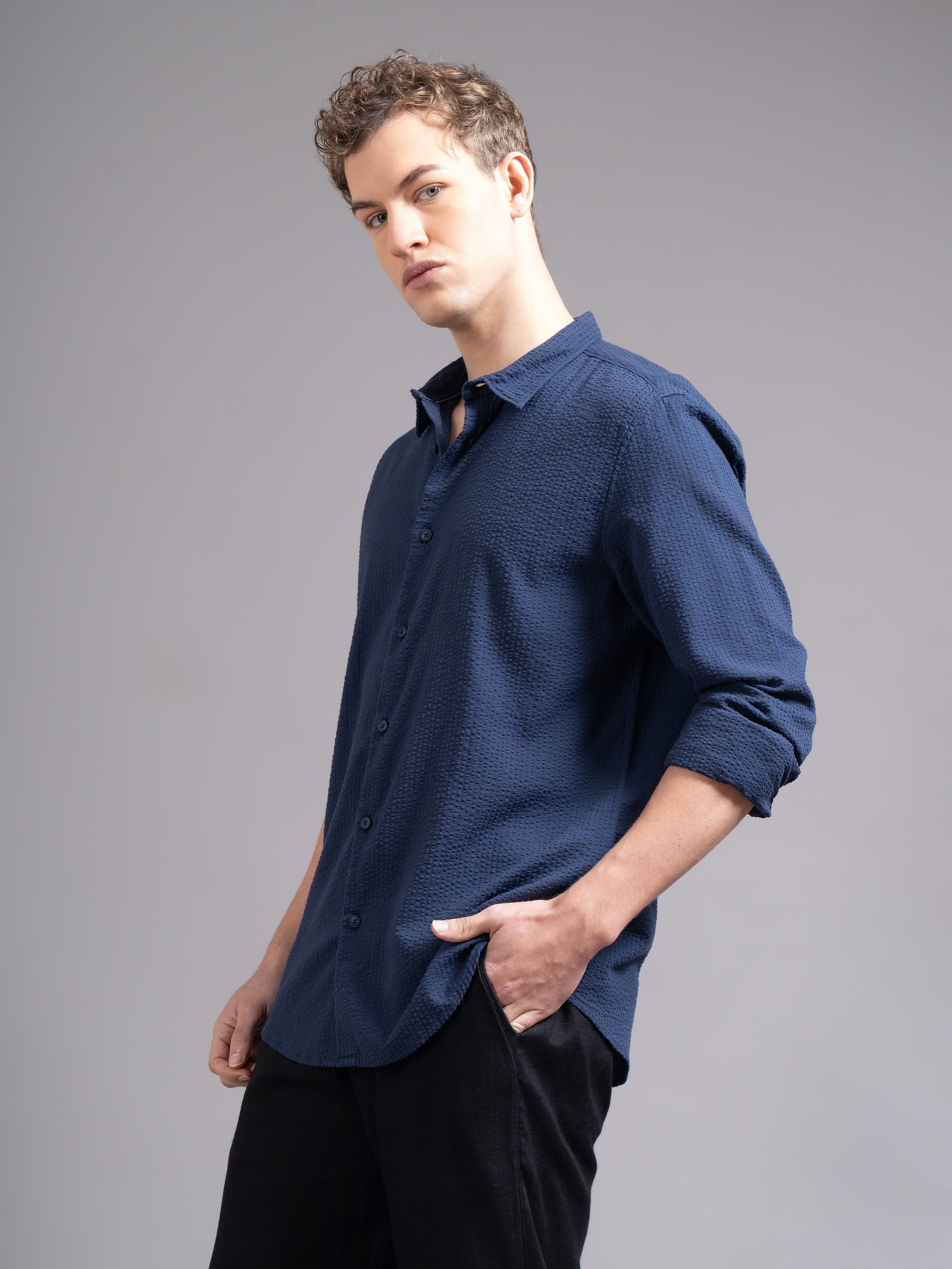 Men Navy Blue Cotton Shirt