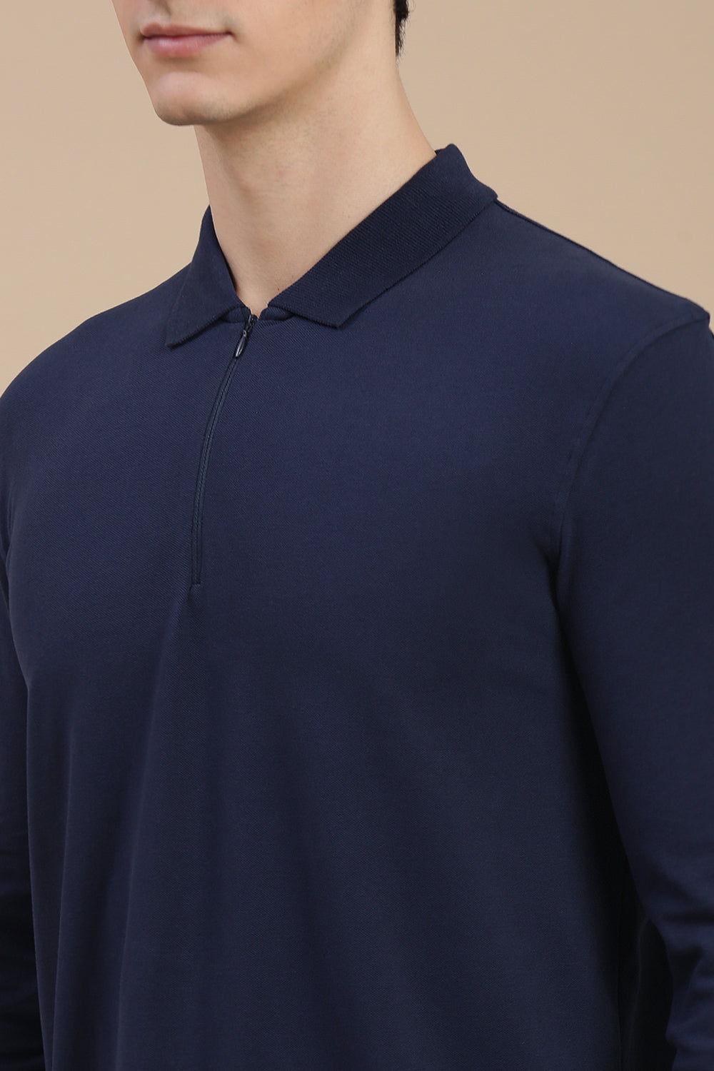 Men Navy Bonded Zipper Polo T-Shirt