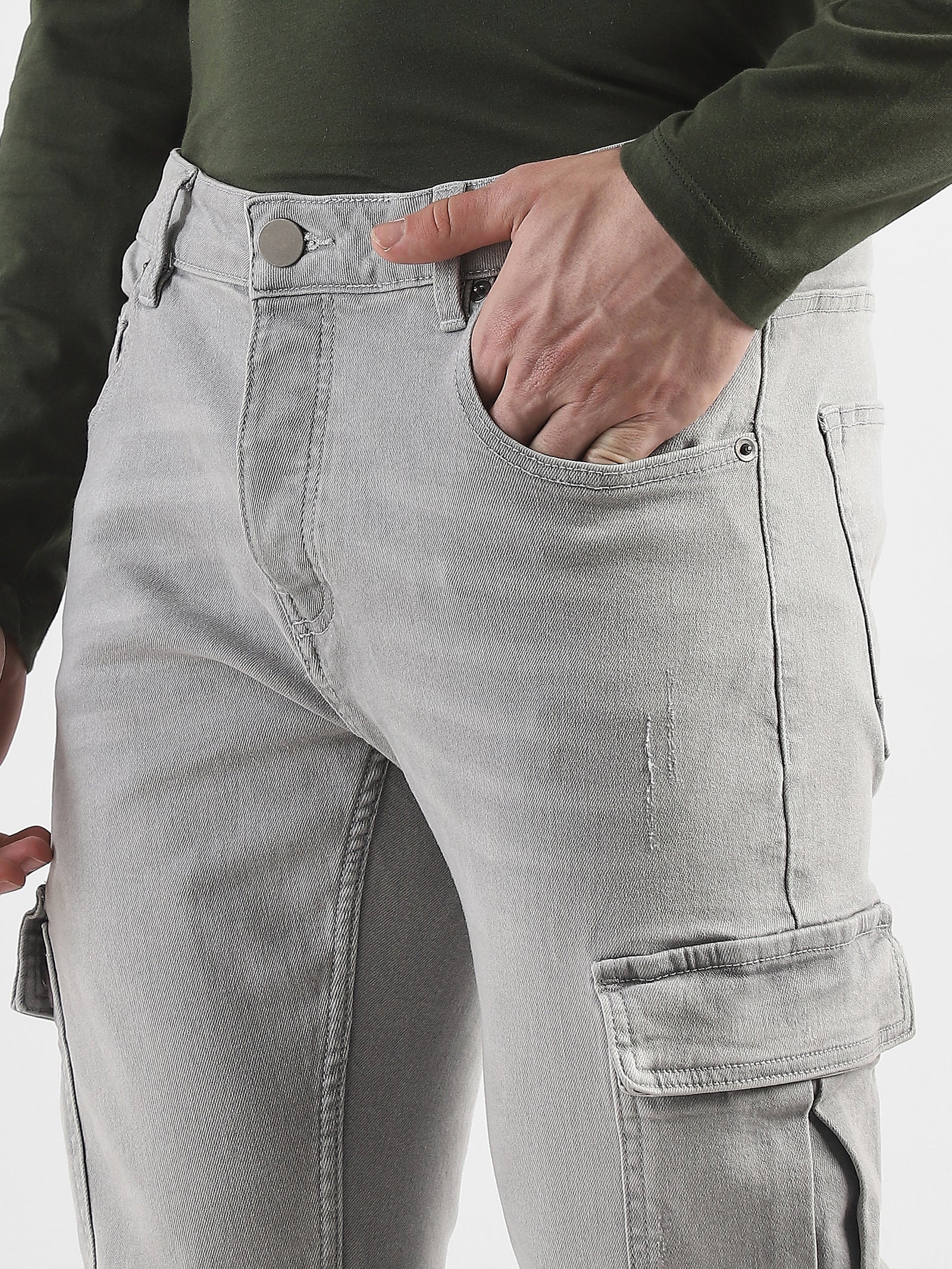 Men Grey Denim Mid Rise Cargo Pants
