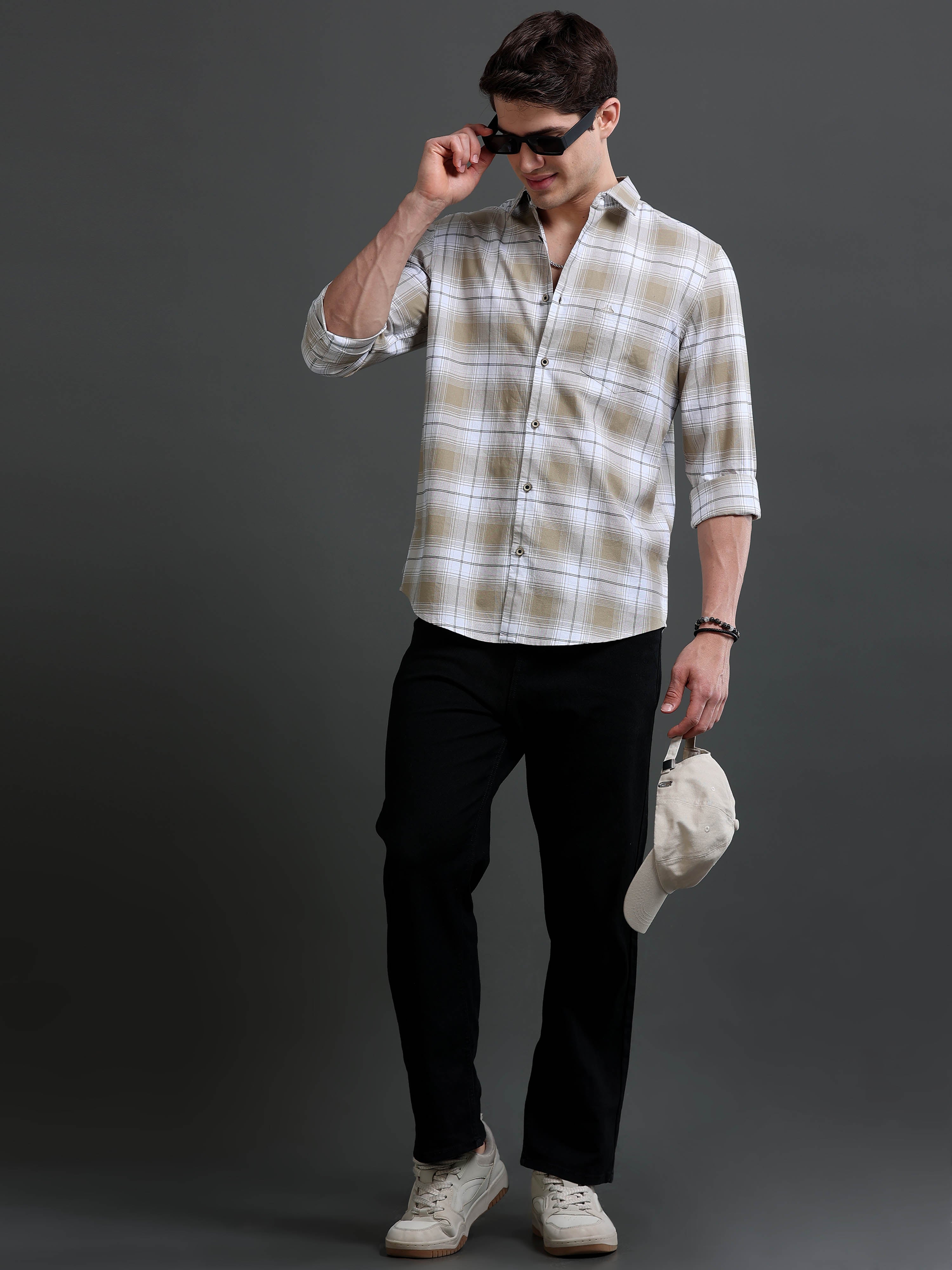 Men Beige Checked Cotton Shirt