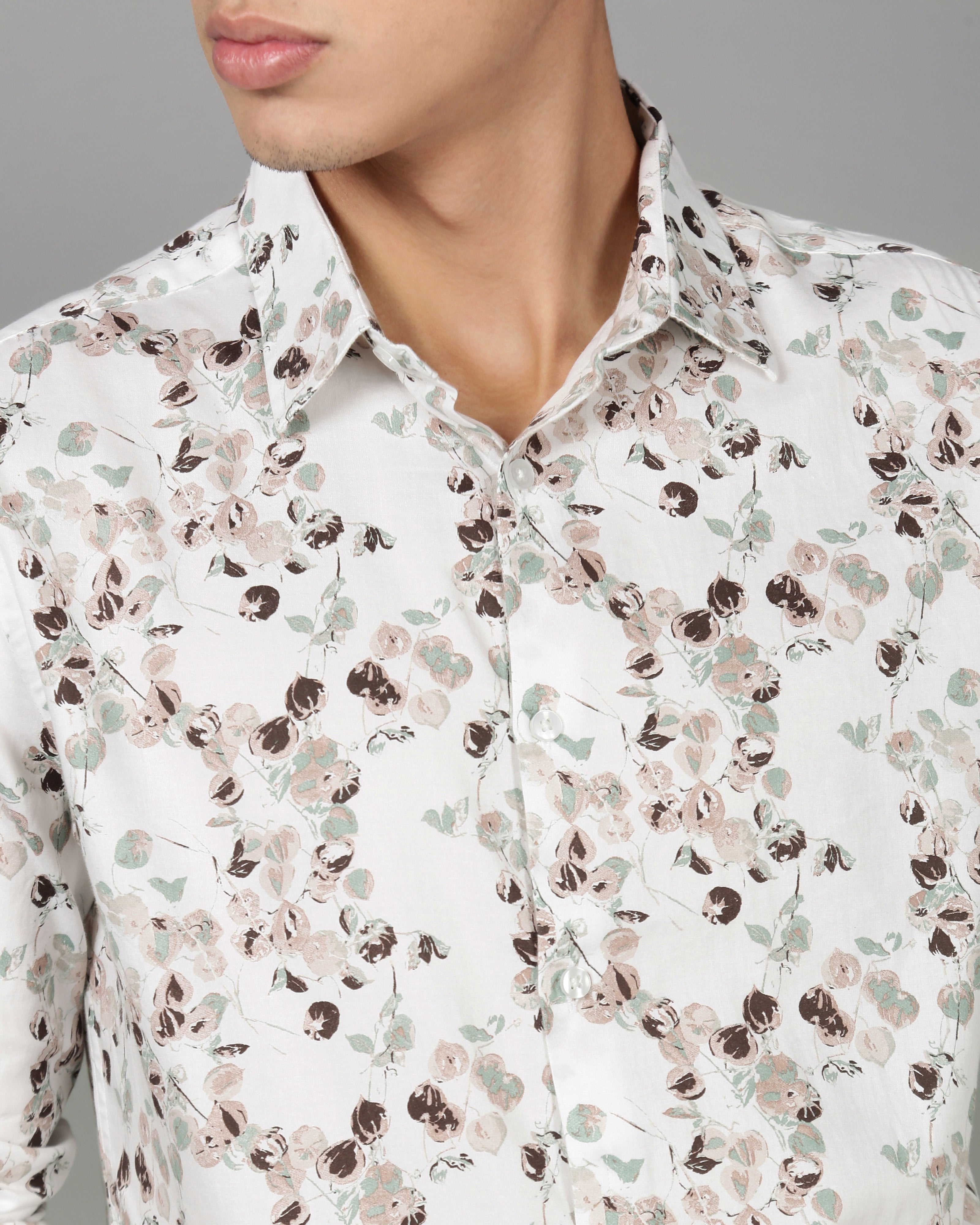 Men White Floral Print Shirt