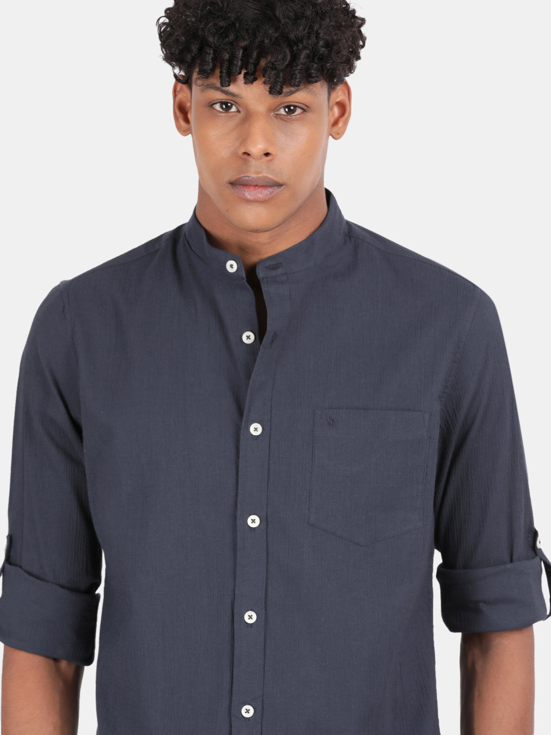 Men Blue Slim Fit Mandarin Collar Full Sleeve Casual Shirt