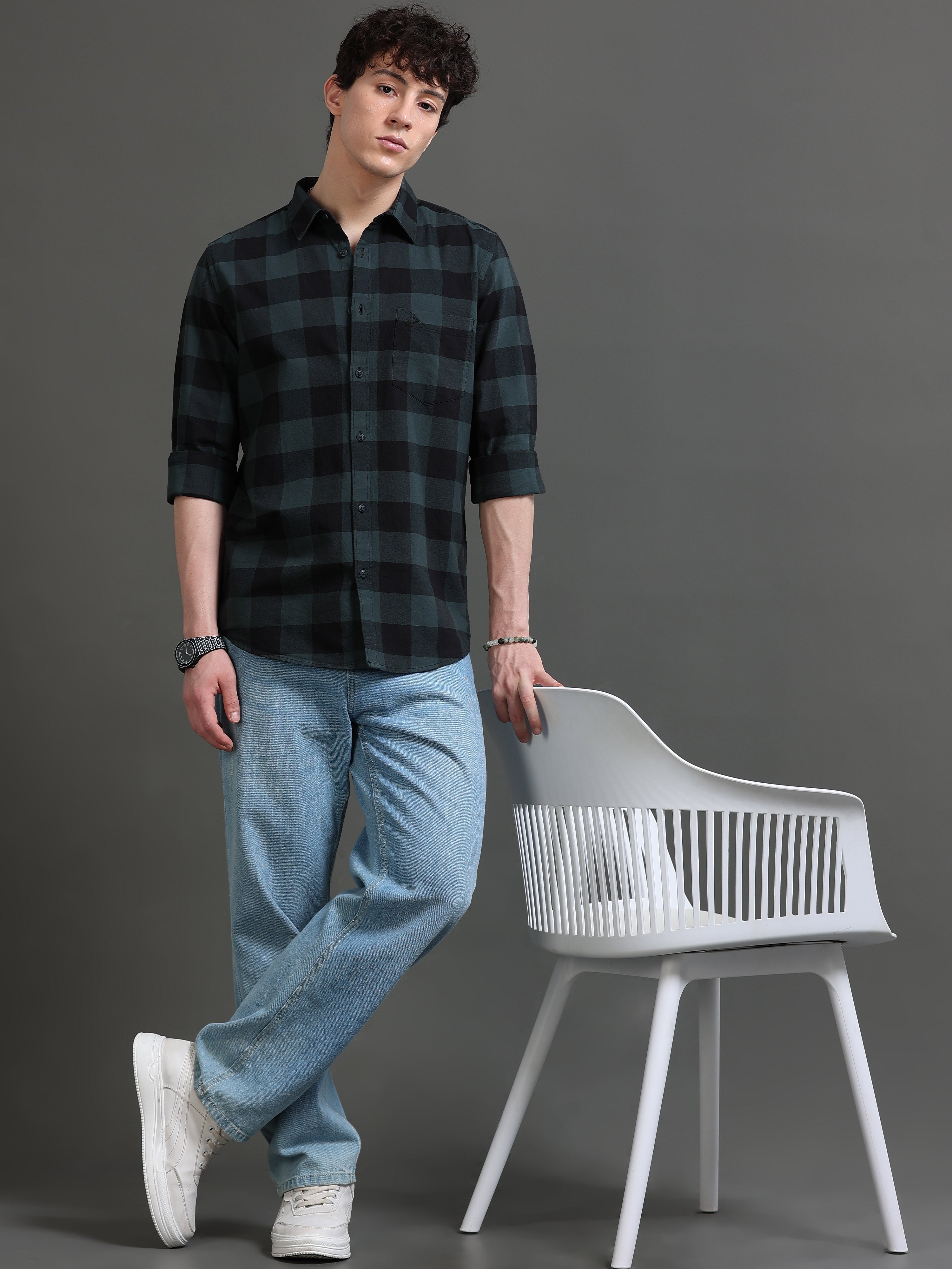 Men Green Checked Shirt