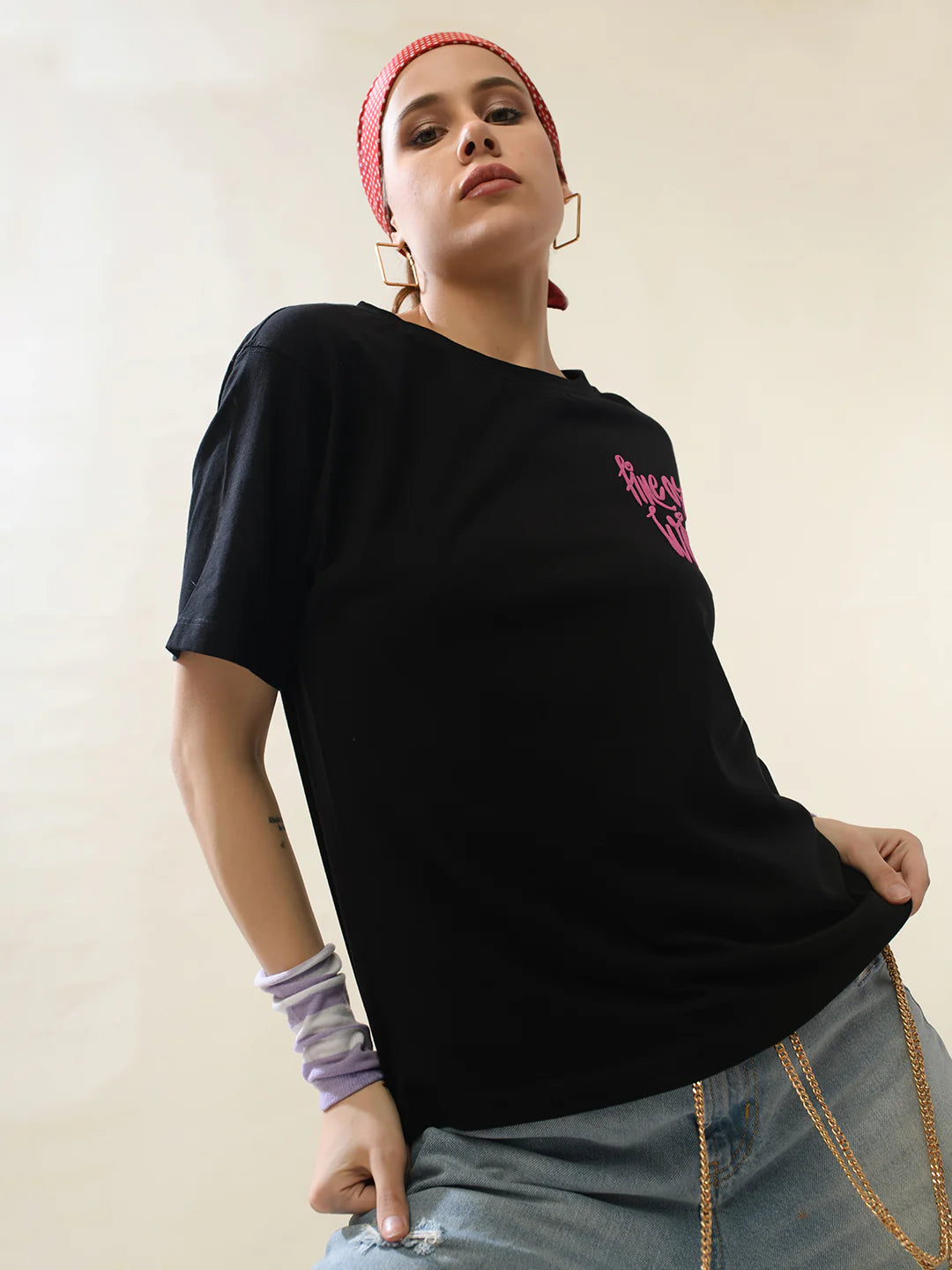 Women Black Cotton Relaxed T-Shirt