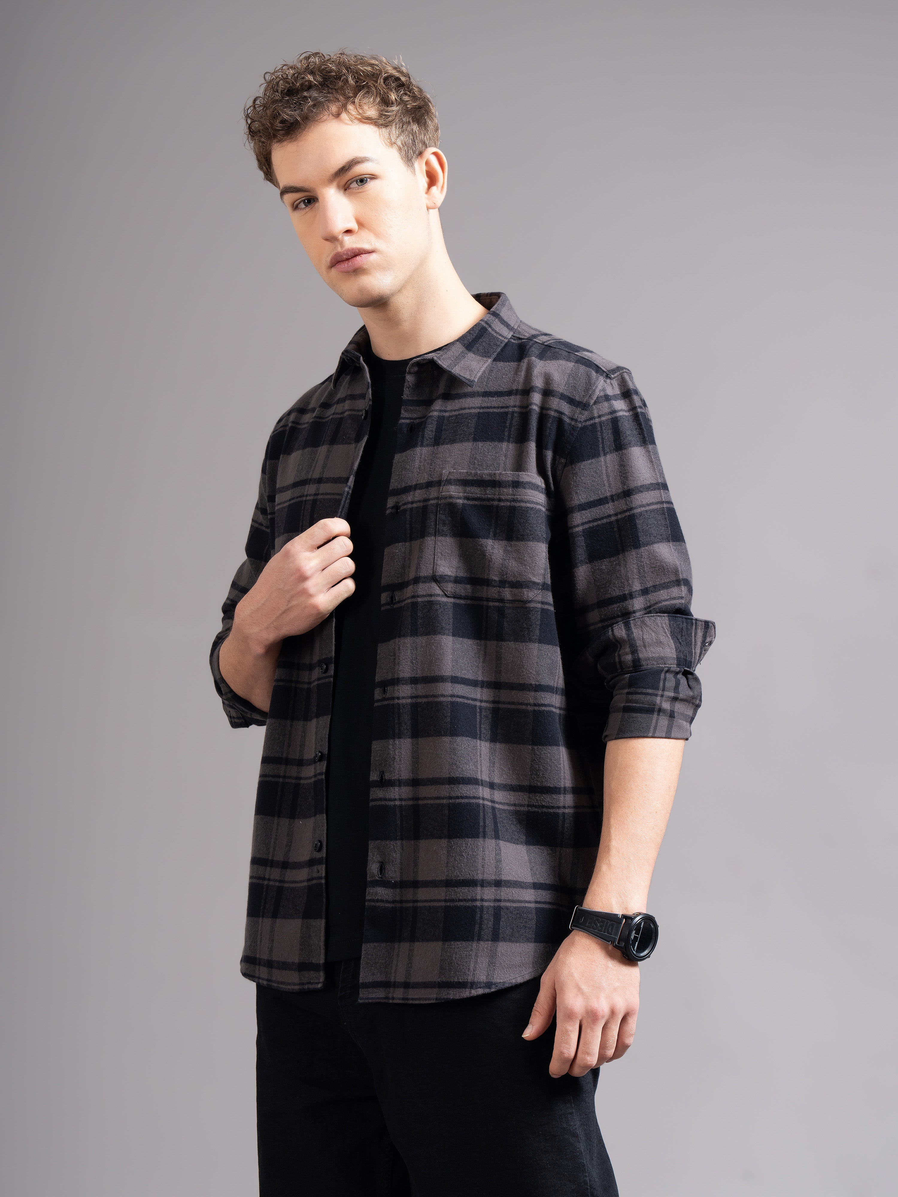 Men Grey Flannel Checked Shirt