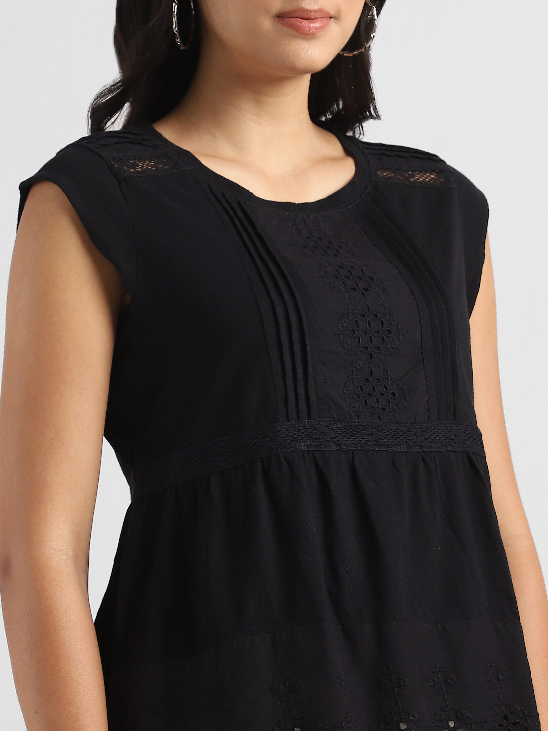 Women Black Embroidered Top with Shiffli  Inserts