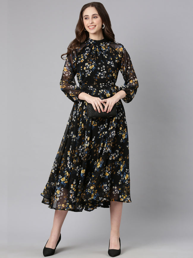 Women Black Floral Chiffon Dress