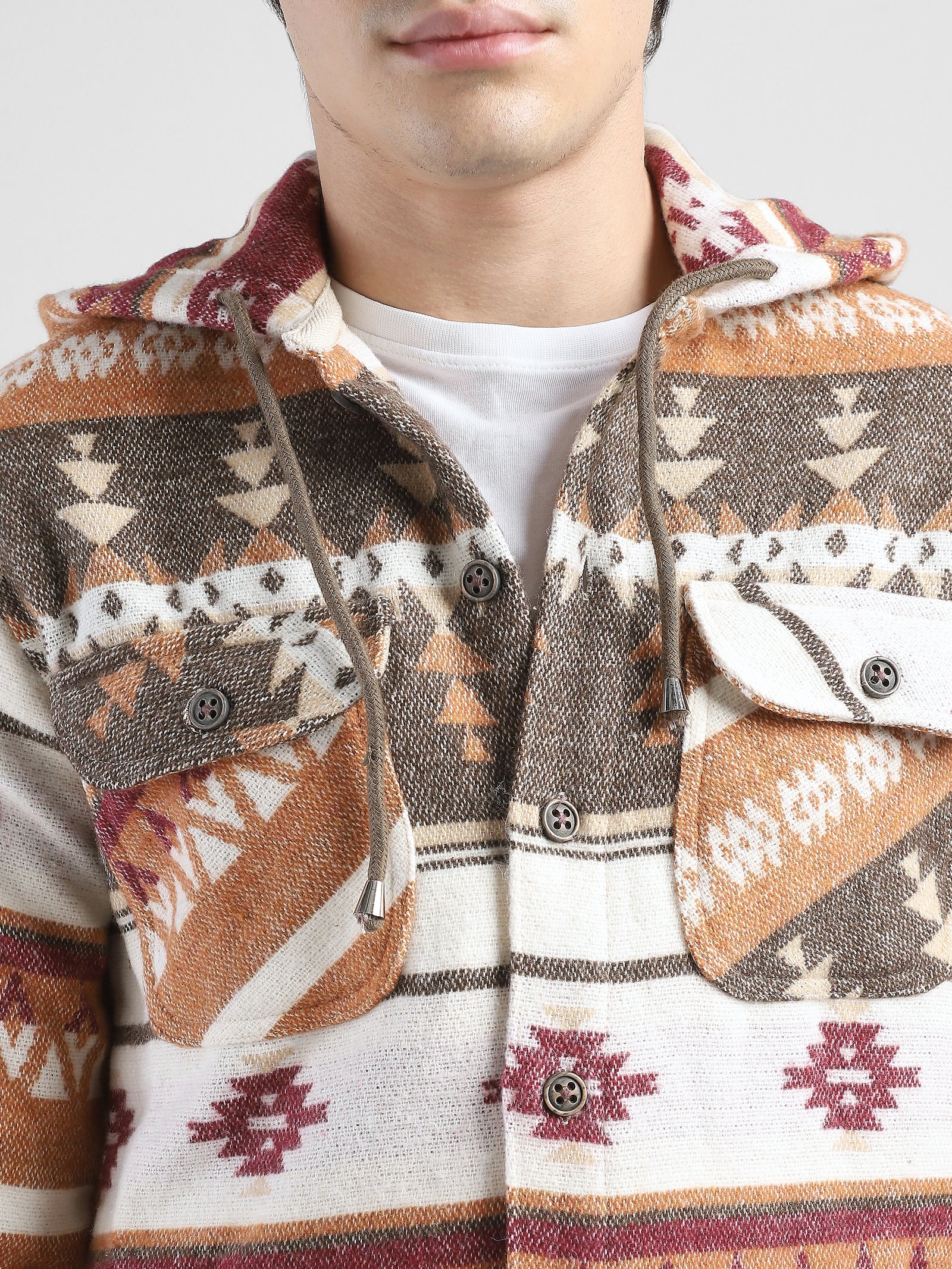 Men Orange Brown Comfort Fit Shacket