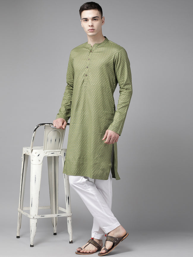 Men Green & Gold Stripe Printed Straight Kurta