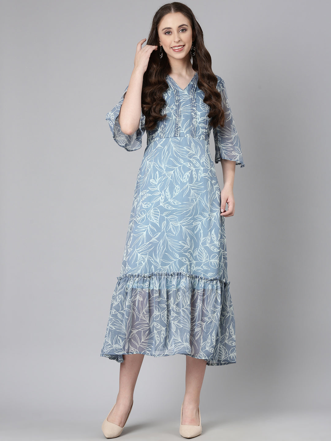 Women Grey Floral Chiffon Dress