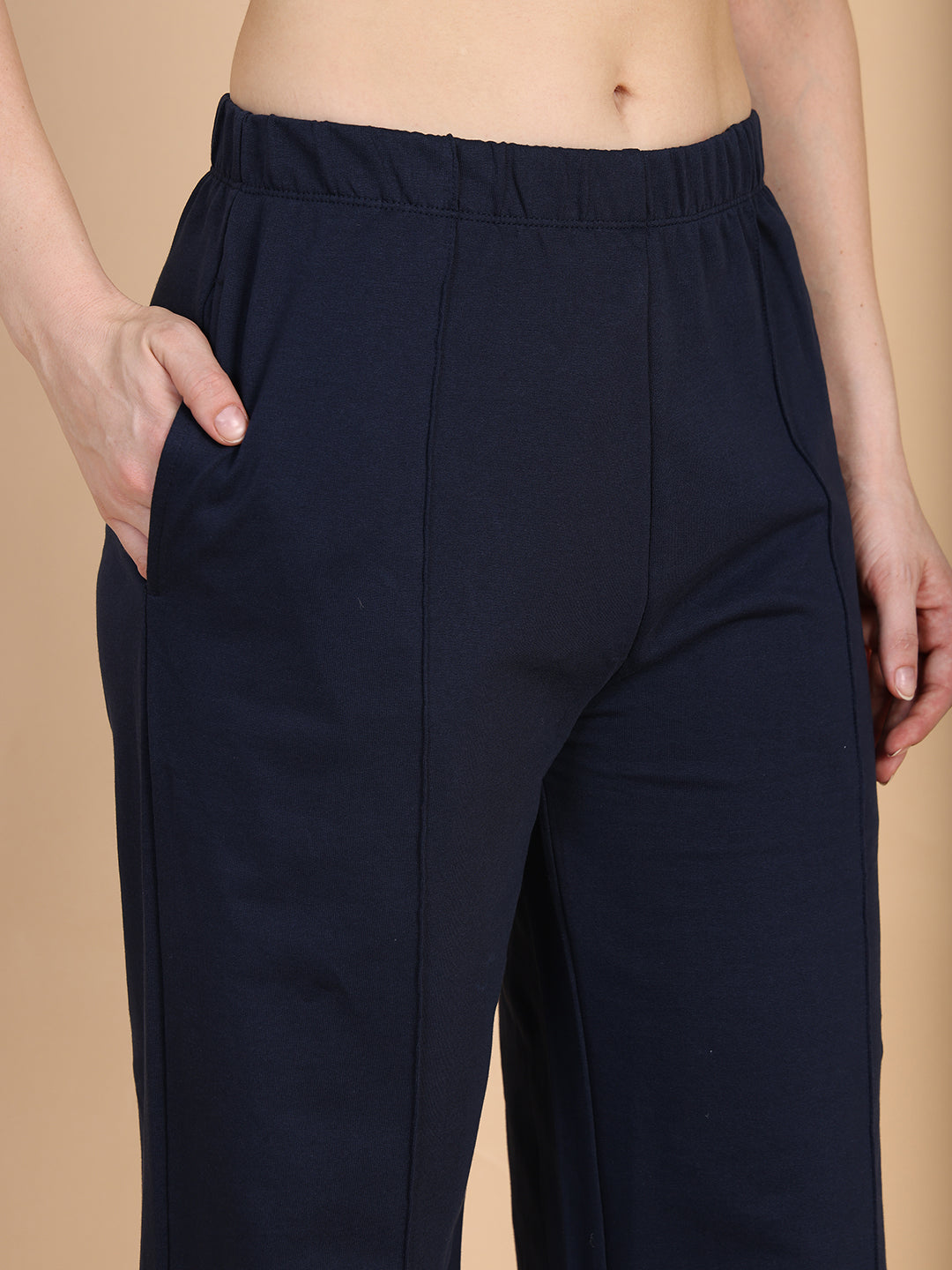 Women Navy Pleated Flare Straight Pant
