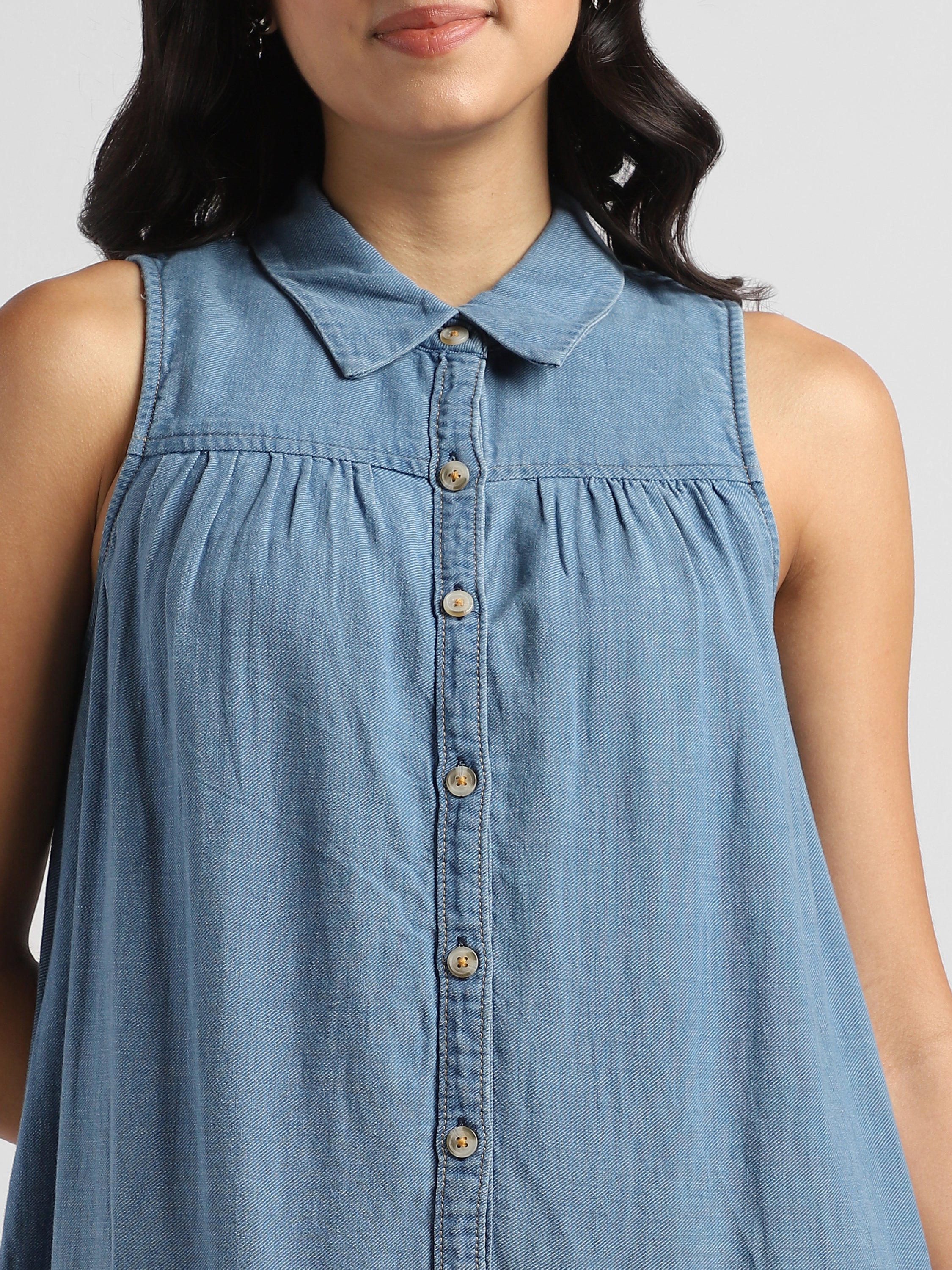 Women Blue Denim dress with bottom Frill