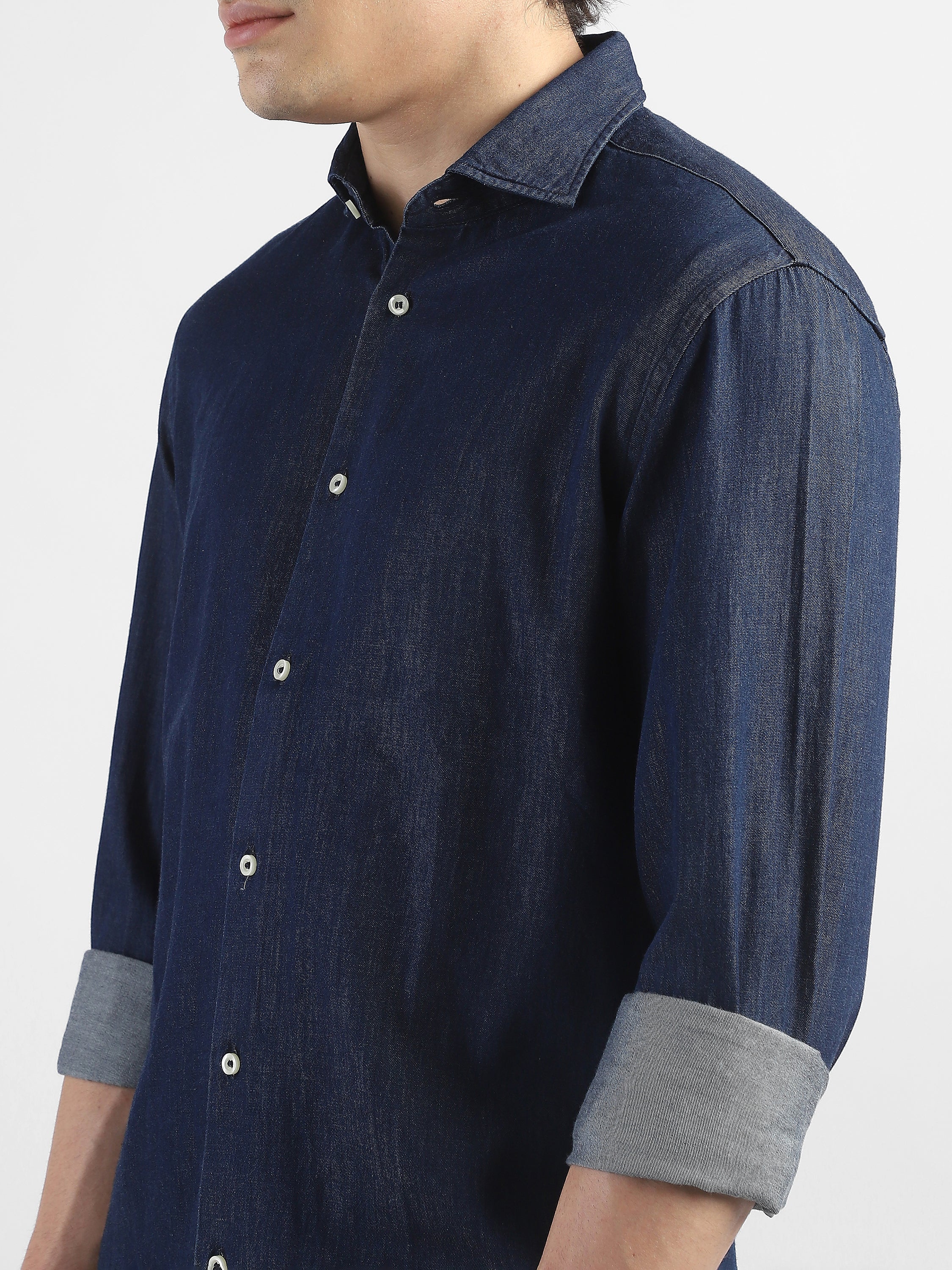 Men Denim Navy Blue Regular Fit Shirt