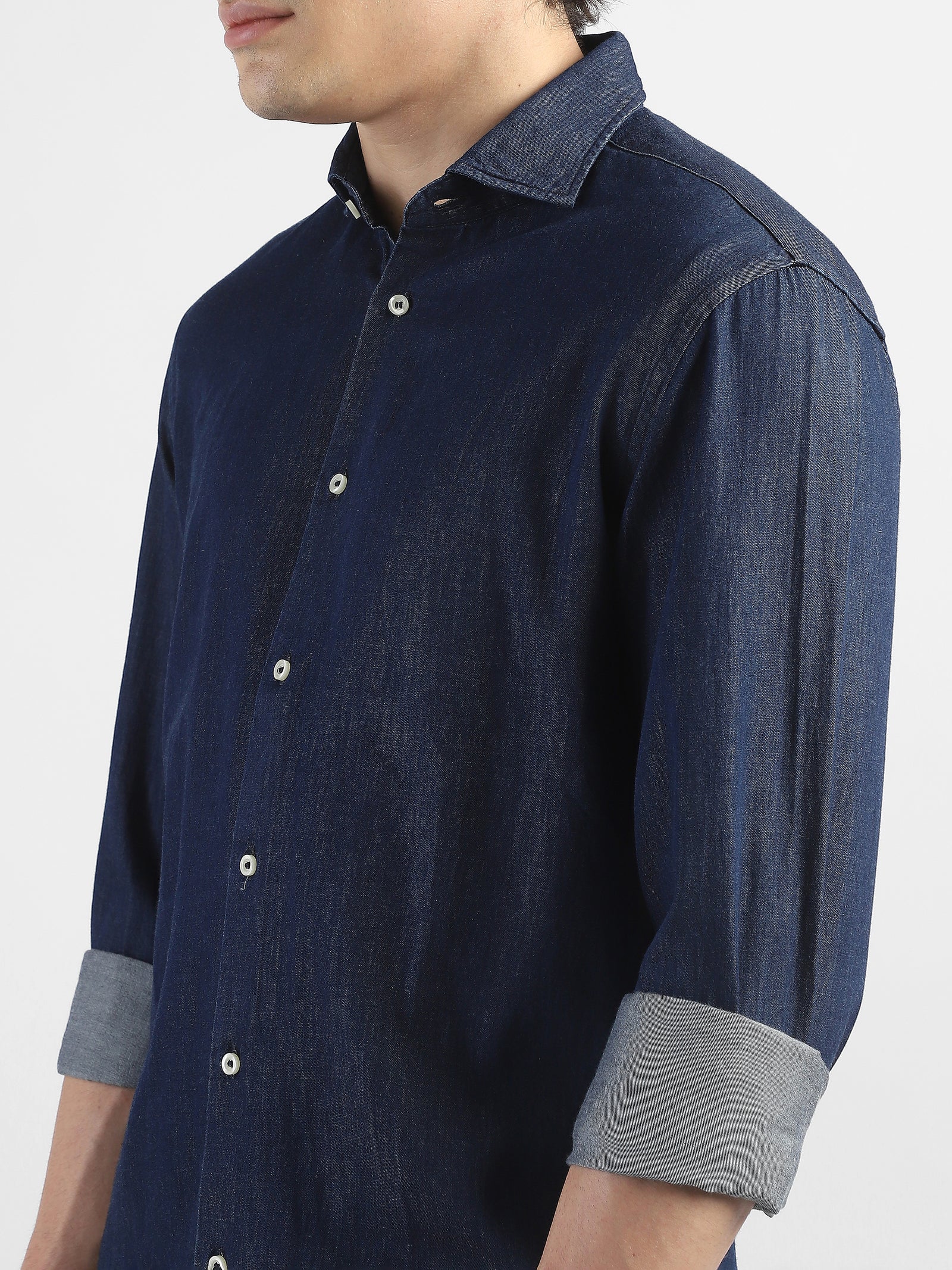 Men Denim Navy Blue Regular Fit Shirt