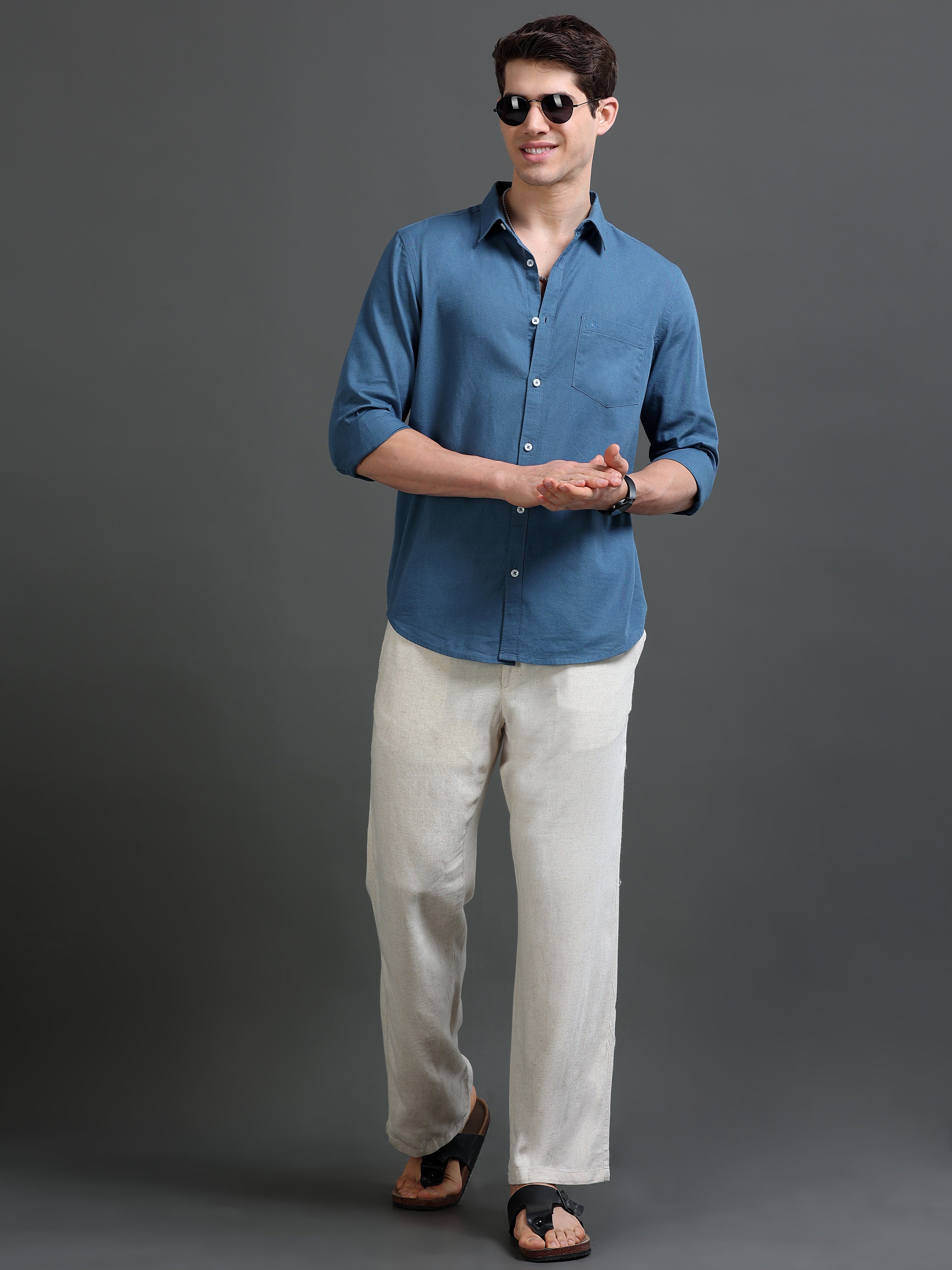 Men Blue Slub Solid Shirt