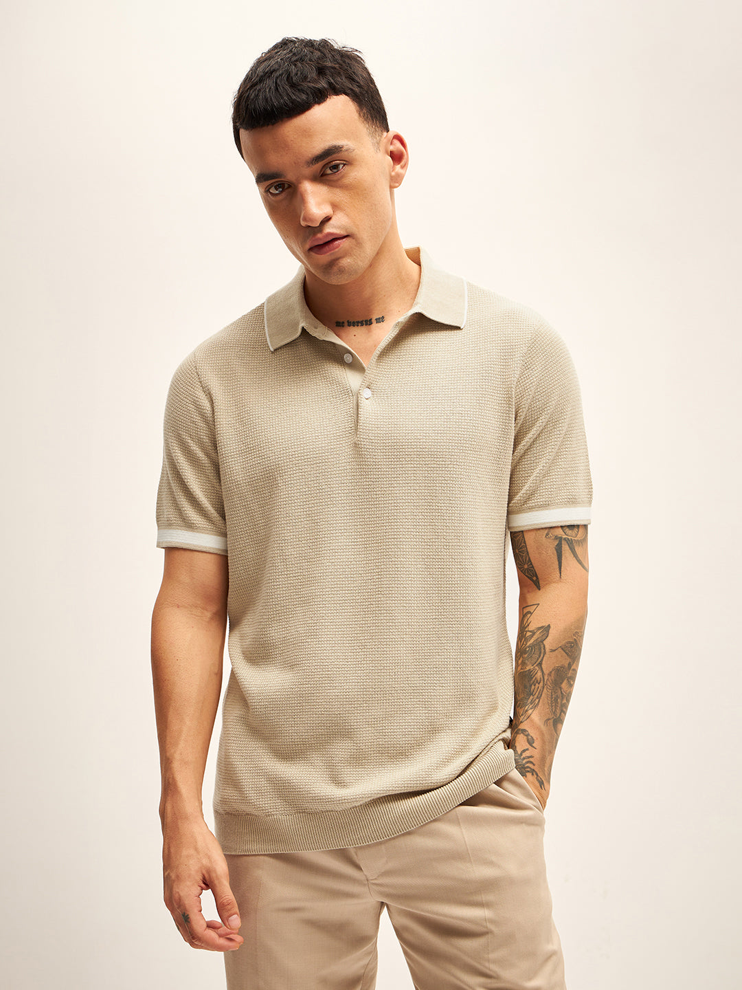 Men Beige Self Design Regular Fit Polo T-Shirt
